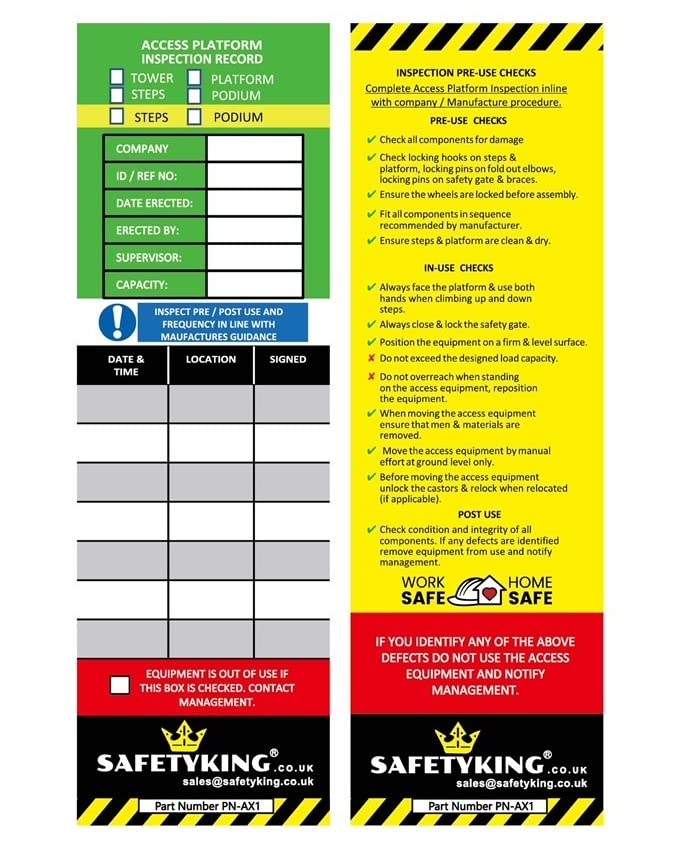 Safety King 10 Access Equipment Tag Inserts - High Visibility Access Equipment Inspection Tag Inserts
