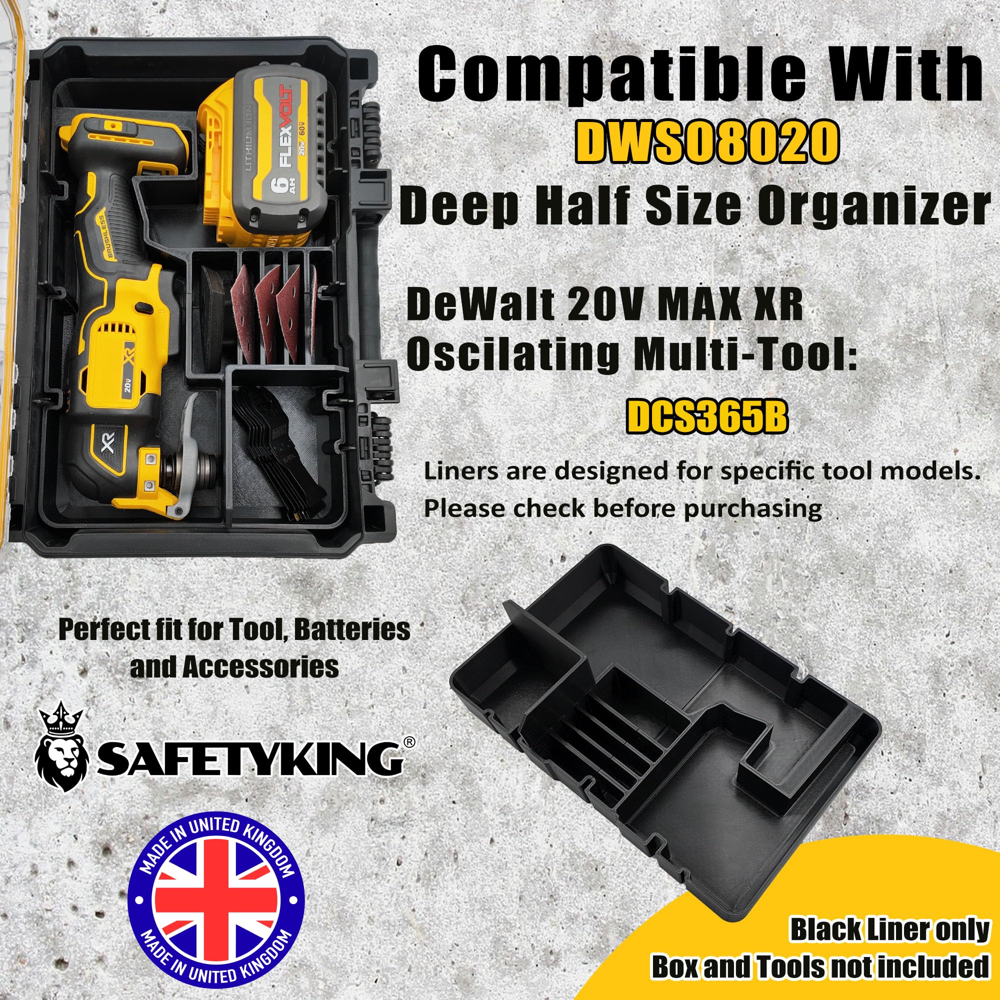 SAFETYKING® 20V Oscillating Multi-tool Organizer Compatible With Dewalt Tough System Deep Compact Organizer Precision Rigid Insert for Organizer (Insert Only, Tools Box Not Included)