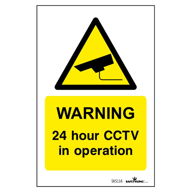 Load image into Gallery viewer, SAFETYKINGยฎ Pack Of 4 CCTV Sign Stickers 10cm x 6.5cm | Waterproof Security Camera Self Adhesive Small CCTV Stickers | 24 Hour CCTV In Operation Sign | Indoor Or Outdoor Use | CCTV Vertical Sticker