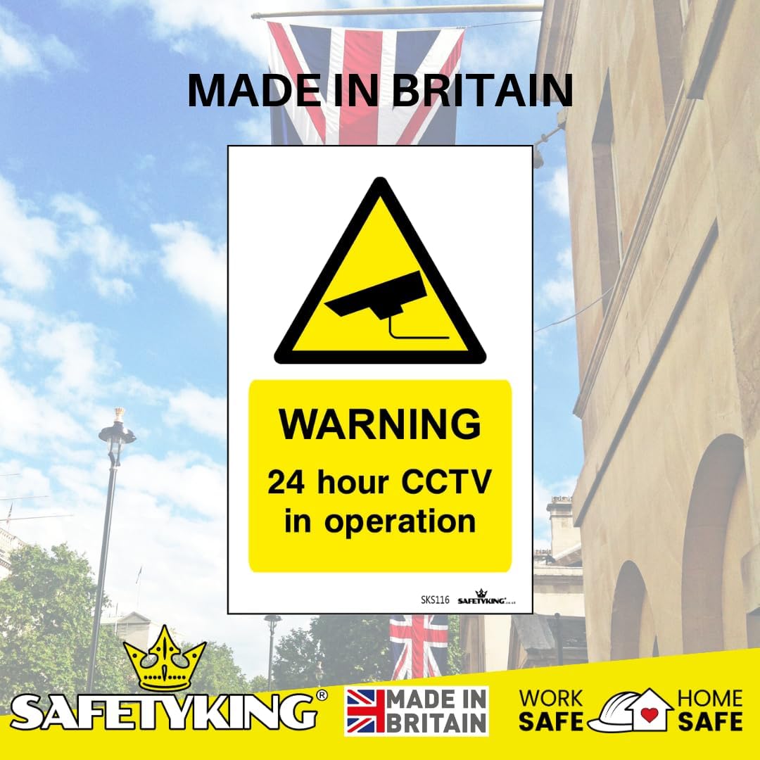 SAFETYKING® Pack Of 4 CCTV Sign Stickers 10cm x 6.5cm | Waterproof Security Camera Self Adhesive Small CCTV Stickers | 24 Hour CCTV In Operation Sign | Indoor Or Outdoor Use | CCTV Vertical Sticker