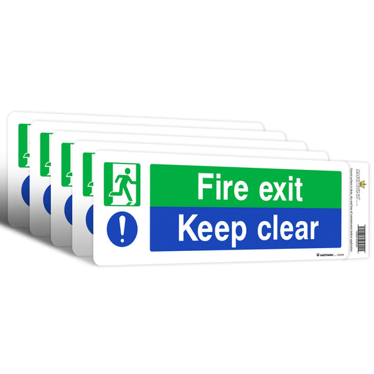 SAFETYKING® 5 Piece Fire Exit Keep Clear Sticker | 30 cm x 10 cm Self Adhesive Sticker | Fire Exit Signs | Fire Exit Stickers | Fire Exit Safety Pack | Running Man Fire Exit Sign