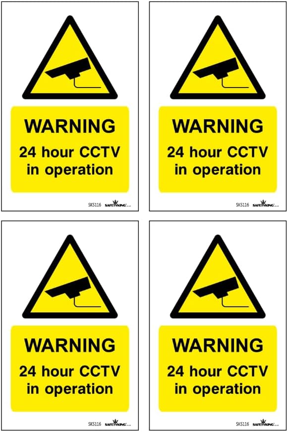 SAFETYKING® Pack Of 4 CCTV Sign Stickers 10cm x 6.5cm | Waterproof Security Camera Self Adhesive Small CCTV Stickers | 24 Hour CCTV In Operation Sign | Indoor Or Outdoor Use | CCTV Vertical Sticker