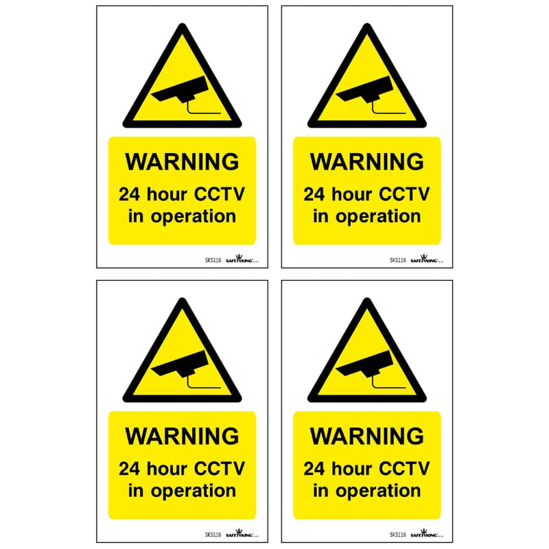 Load image into Gallery viewer, SAFETYKINGยฎ Pack Of 4 CCTV Sign Stickers 10cm x 6.5cm | Waterproof Security Camera Self Adhesive Small CCTV Stickers | 24 Hour CCTV In Operation Sign | Indoor Or Outdoor Use | CCTV Vertical Sticker