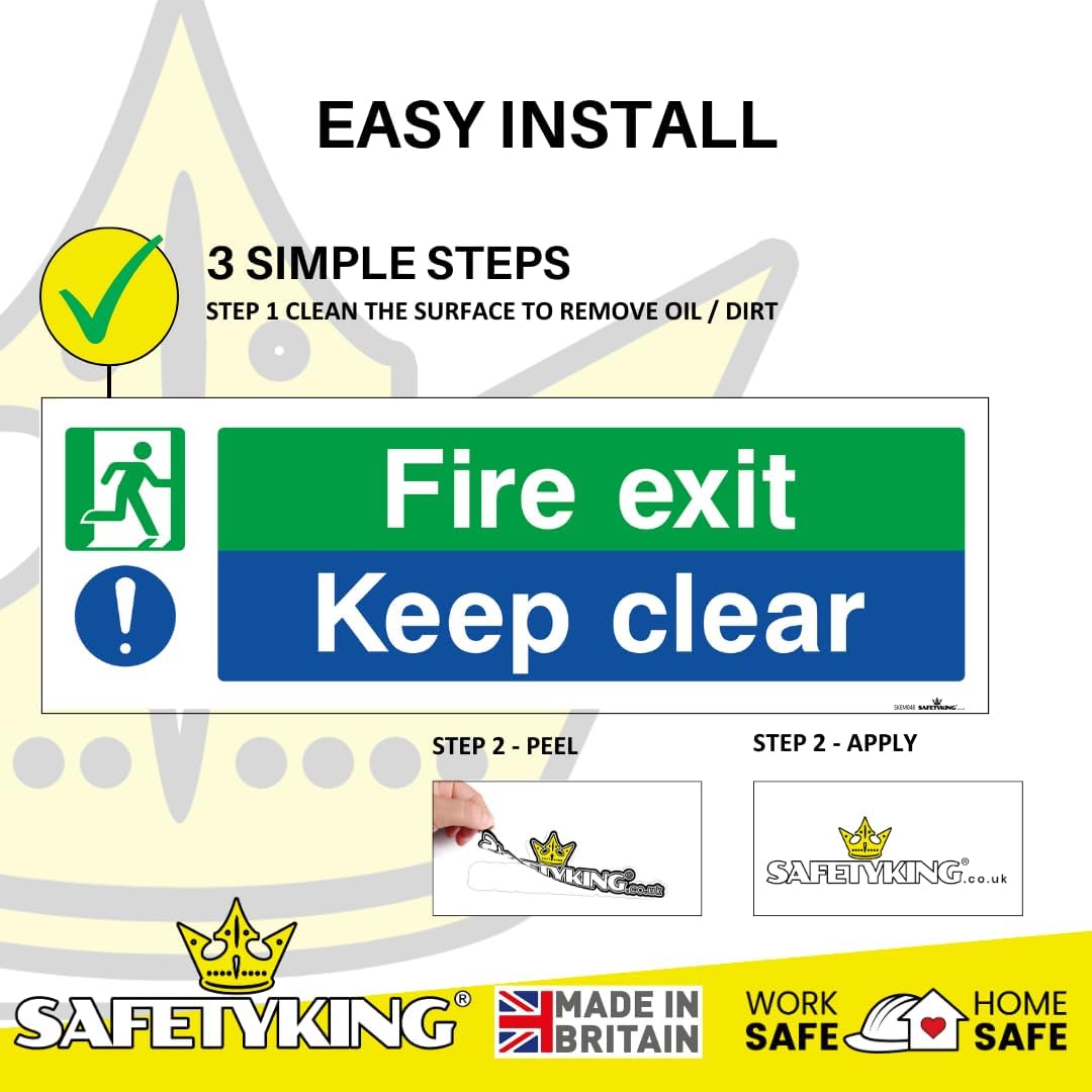 SAFETYKING® 1 Piece Fire Exit Keep Clear Sticker | 30 cm x 10 cm Self Adhesive Sticker | Fire Exit Signs | Fire Exit Stickers | Fire Exit Safety Pack | Running Man Fire Exit Sign