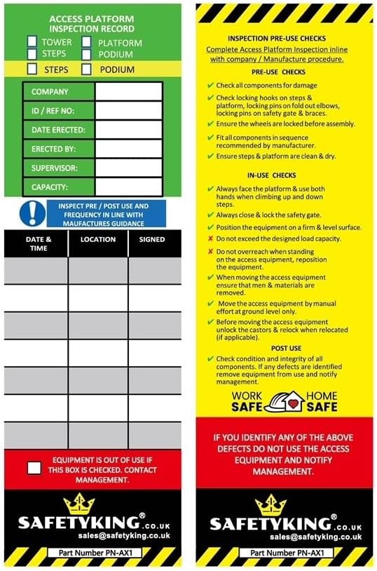 SAFETYKING® 5 Access Platform Inspection Tag Inserts - Access Equipment Tag Kit Inserts | Robust Access Equipment Tag Inserts | High Visibility Access Equipment Inspection Tag Inserts