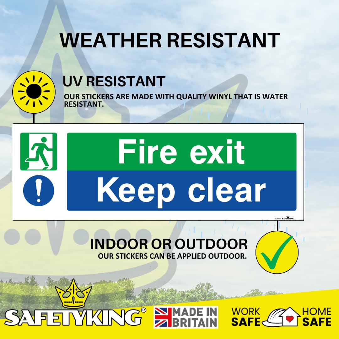 SAFETYKING® 1 Piece Fire Exit Keep Clear Sticker | 30 cm x 10 cm Self Adhesive Sticker | Fire Exit Signs | Fire Exit Stickers | Fire Exit Safety Pack | Running Man Fire Exit Sign