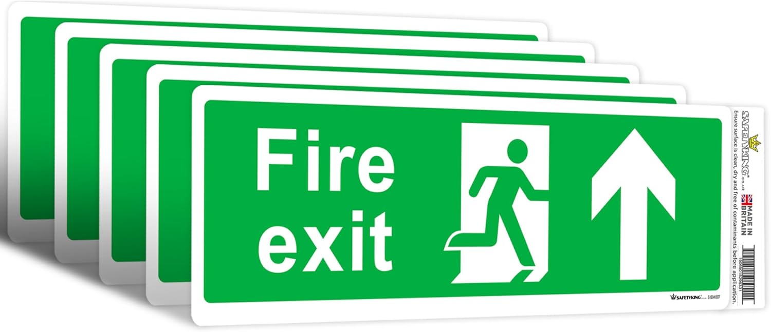 SAFETYKING® 5 Piece Fire Exit Sticker Running Man Up Sticker | 30 cm x 10 cm Self Adhesive Sticker | Fire Exit Signs | Fire Exit Stickers | Fire Exit Safety Pack | Running Man Fire Exit Signs