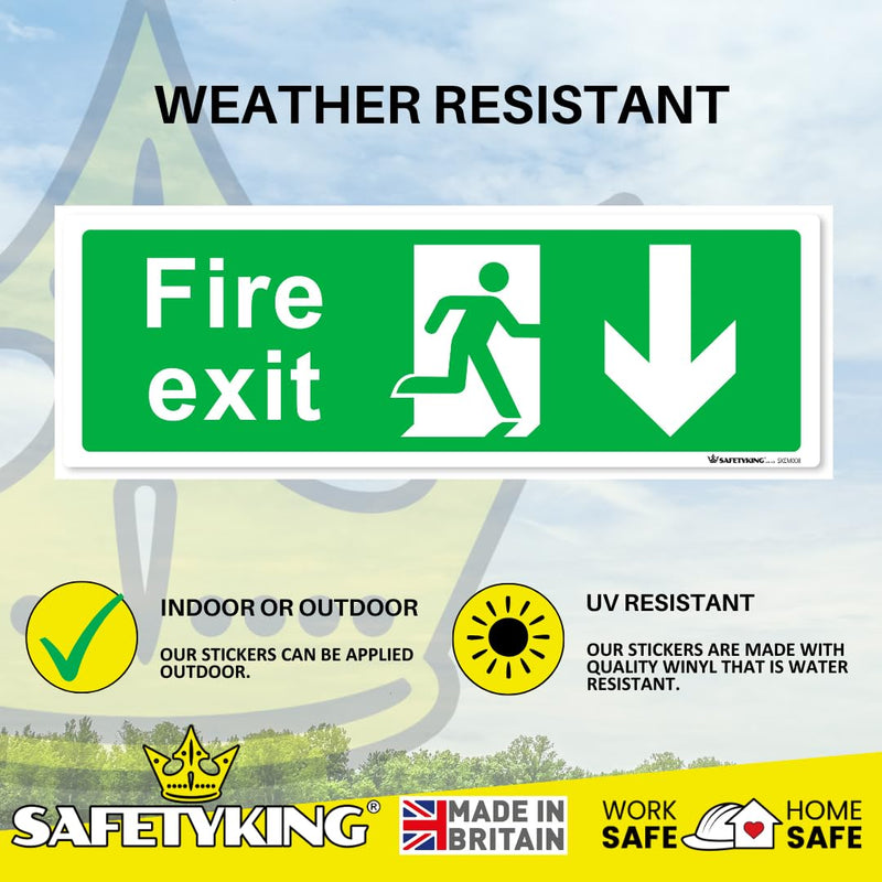 Load image into Gallery viewer, SAFETYKING® 16 Piece Fire Exit Signs | Running Man Down Fire Exit Sign | 30 cm x 10 cm Self Adhesive Sticker | Fire Exit Signs | Fire Exit Stickers | Fire Exit Safety Pack | Running Man Fire Exit Sign