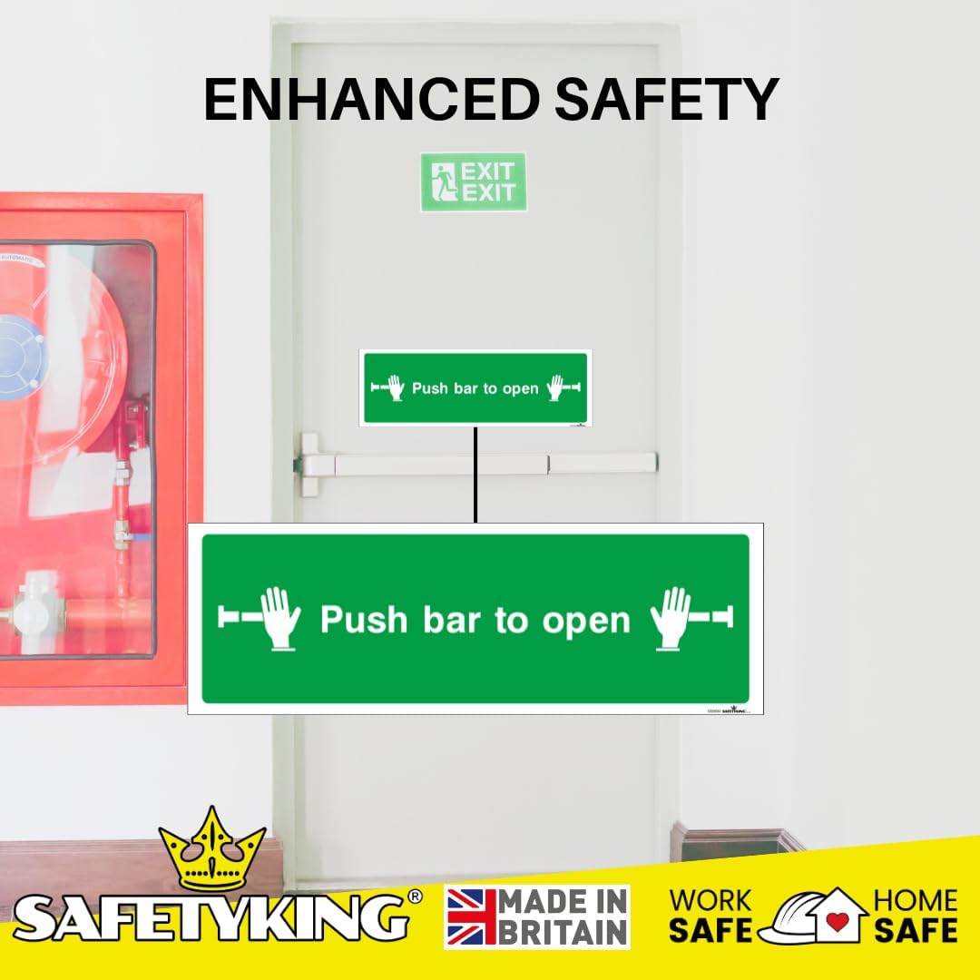 SAFETYKING® 5 Piece Fire Exit Push Bar To Open Sticker | 30 cm x 10 cm Self Adhesive Sticker | Fire Exit Signs | Fire Exit Stickers | Fire Exit Safety Pack | Running Man Fire Exit Signs