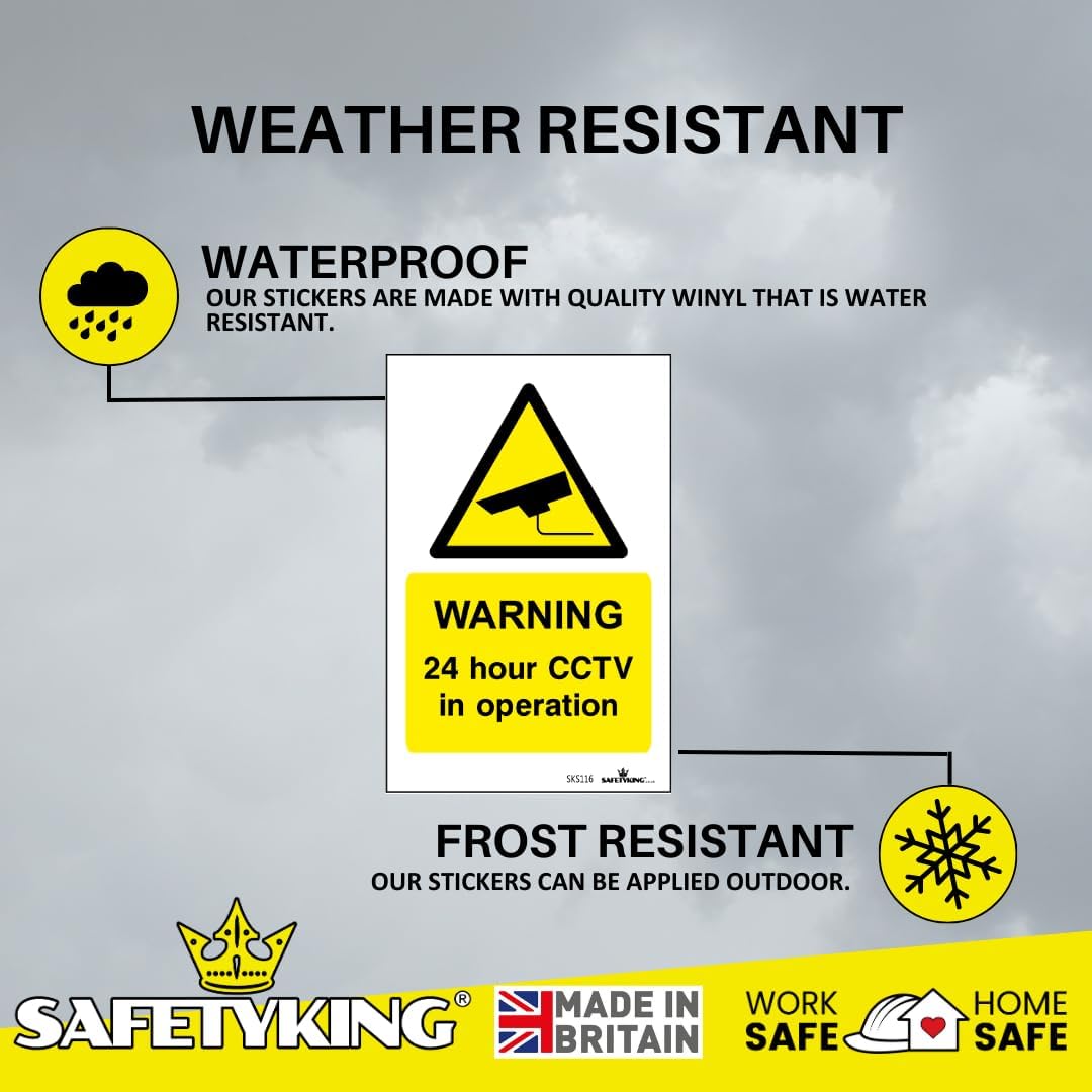 SAFETYKING® Pack Of 4 CCTV Sign Stickers 10cm x 6.5cm | Waterproof Security Camera Self Adhesive Small CCTV Stickers | 24 Hour CCTV In Operation Sign | Indoor Or Outdoor Use | CCTV Vertical Sticker