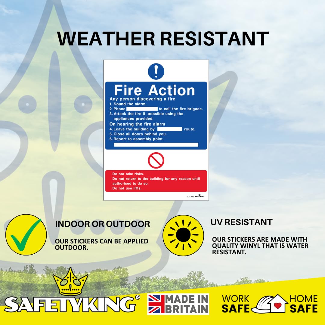 SAFETYKING® FIRE ACTION STICKER KIT - 4 Piece Set with Squeegee and Marker Pen | Fire Action Notice | Fire Action Sign | Fire Action Stickers | Fire Stickers