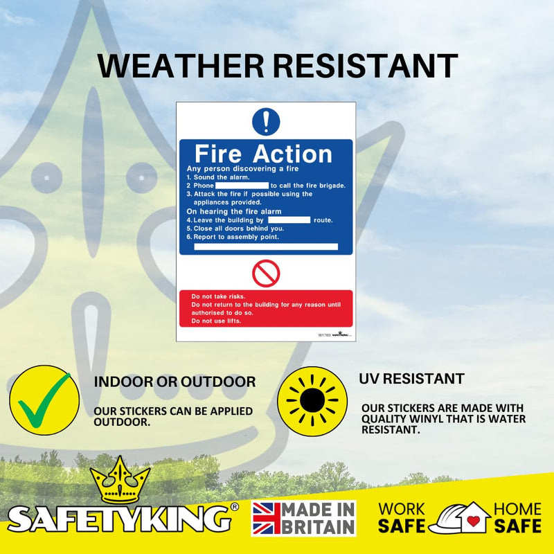 Load image into Gallery viewer, SAFETYKING® FIRE ACTION STICKER KIT - 4 Piece Set with Squeegee and Marker Pen | Fire Action Notice | Fire Action Sign | Fire Action Stickers | Fire Stickers