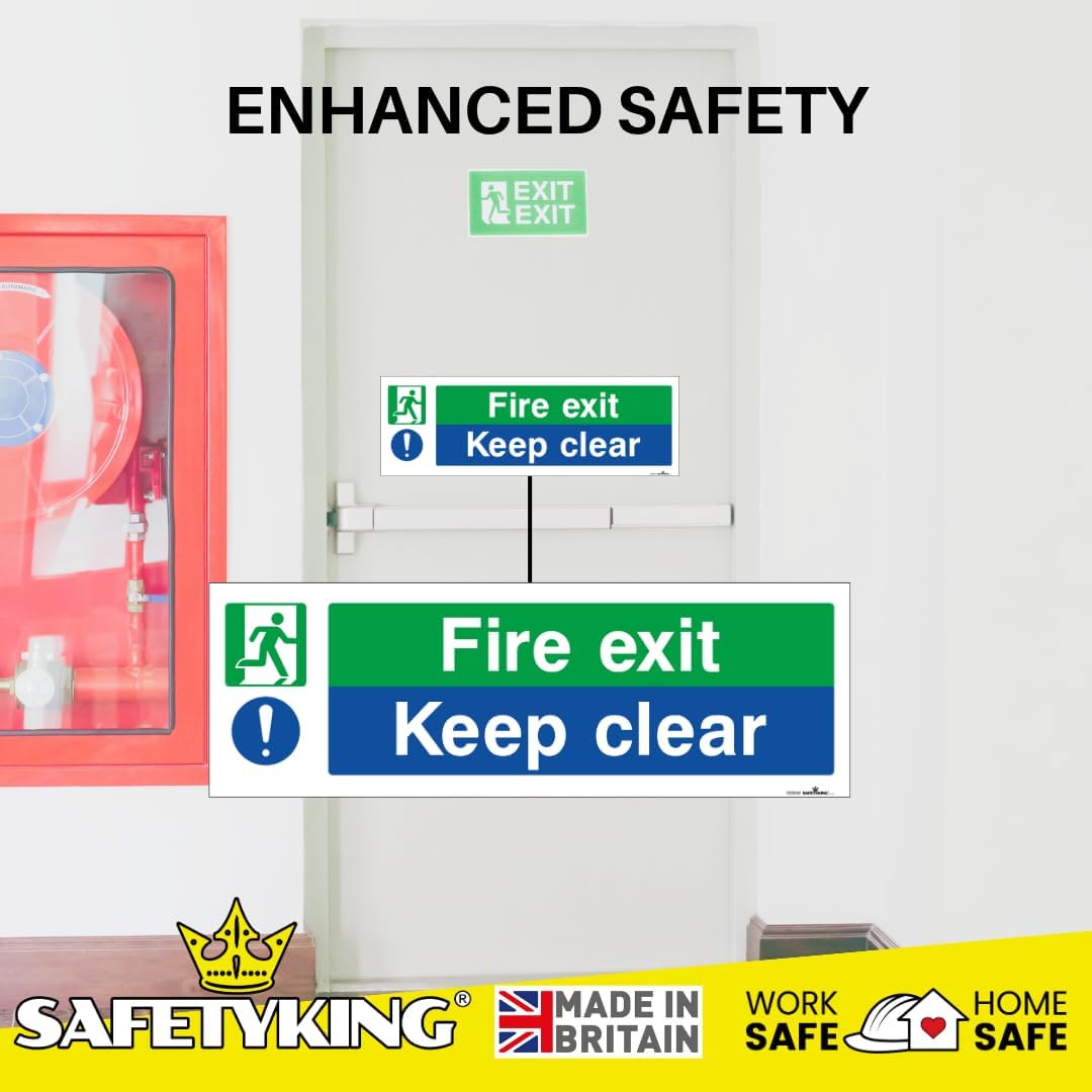 SAFETYKING® 1 Piece Fire Exit Keep Clear Sticker | 30 cm x 10 cm Self Adhesive Sticker | Fire Exit Signs | Fire Exit Stickers | Fire Exit Safety Pack | Running Man Fire Exit Sign