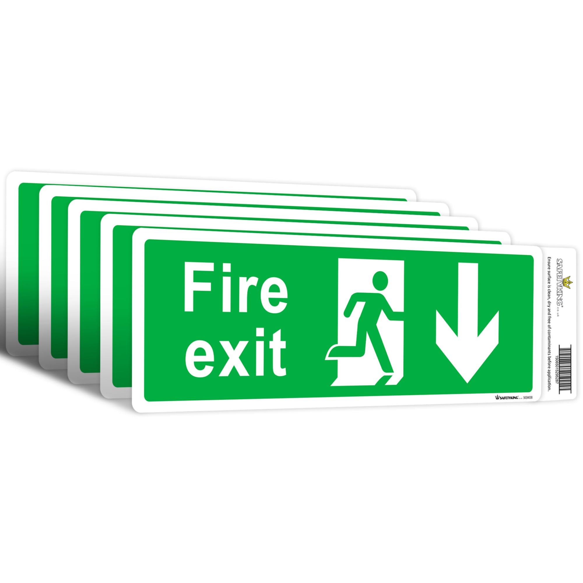 SAFETYKING® 5 Piece Fire Exit Sticker Running Man Down Sticker | 30 cm x 10 cm Self Adhesive Sticker | Fire Exit Signs | Fire Exit Stickers | Fire Exit Safety Pack | Running Man Fire Exit Signs