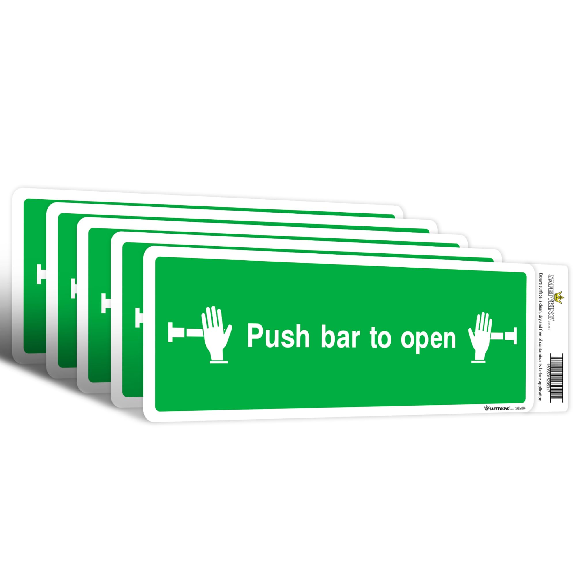 SAFETYKING® 5 Piece Fire Exit Push Bar To Open Sticker | 30 cm x 10 cm Self Adhesive Sticker | Fire Exit Signs | Fire Exit Stickers | Fire Exit Safety Pack | Running Man Fire Exit Signs
