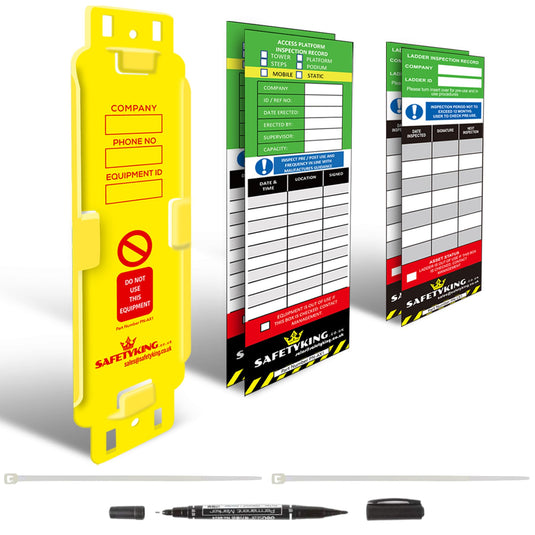 SAFETYKING® Access Equipment Tags 1 Holders - 4 Inserts - Access Equipment Tag Kit | Robust Access Equipment Tag | Access Equipment Inspection Tag | Access Equipment Safety Access Equipment Record
