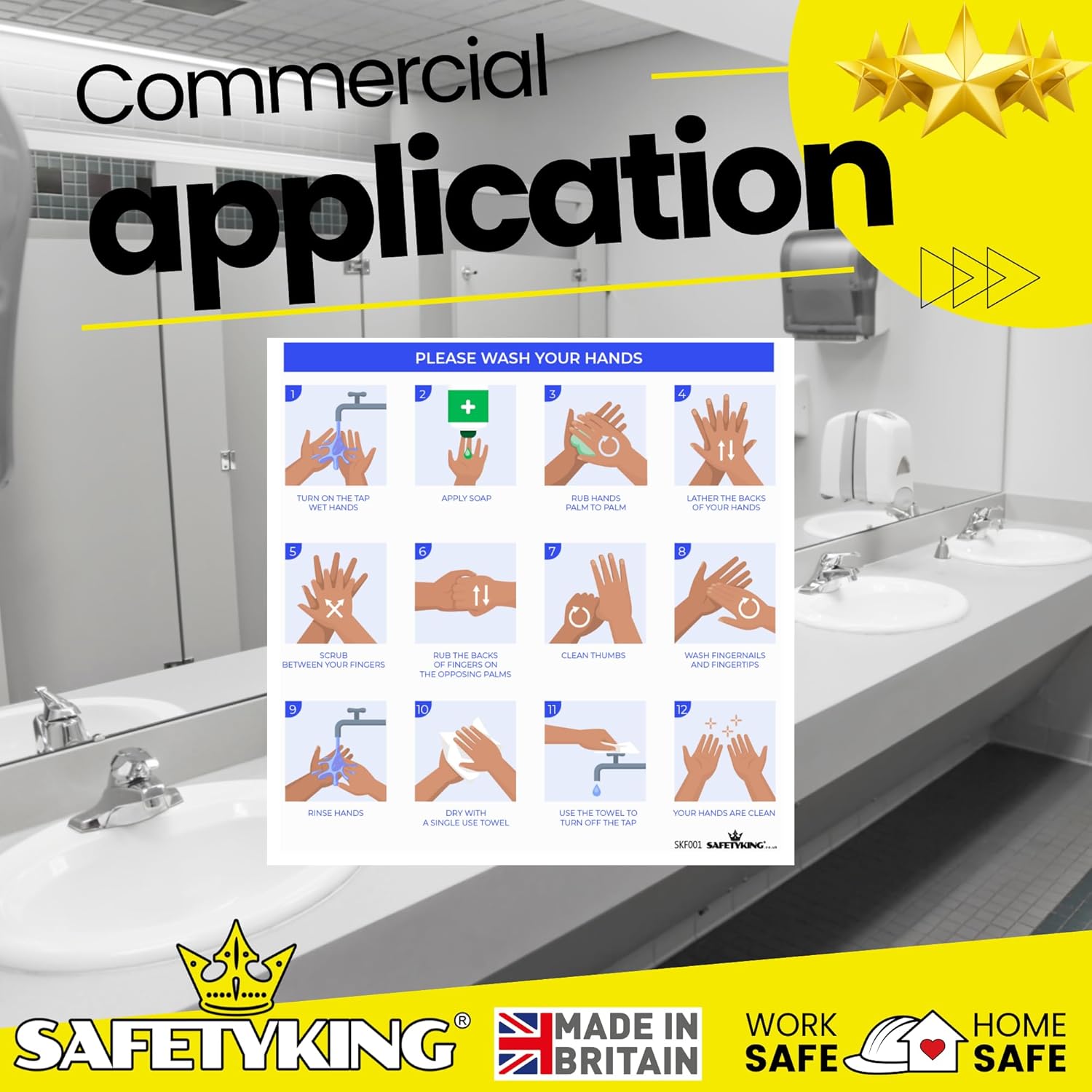 SAFETYKING® 2 PCS Wash Hands Sticker - Hand Washing Technique Sign | Wash Hands with soap and Water | Toilet and Washroom Hygiene Safety Signs | Self-Adhesive Vinyl Wash Hands