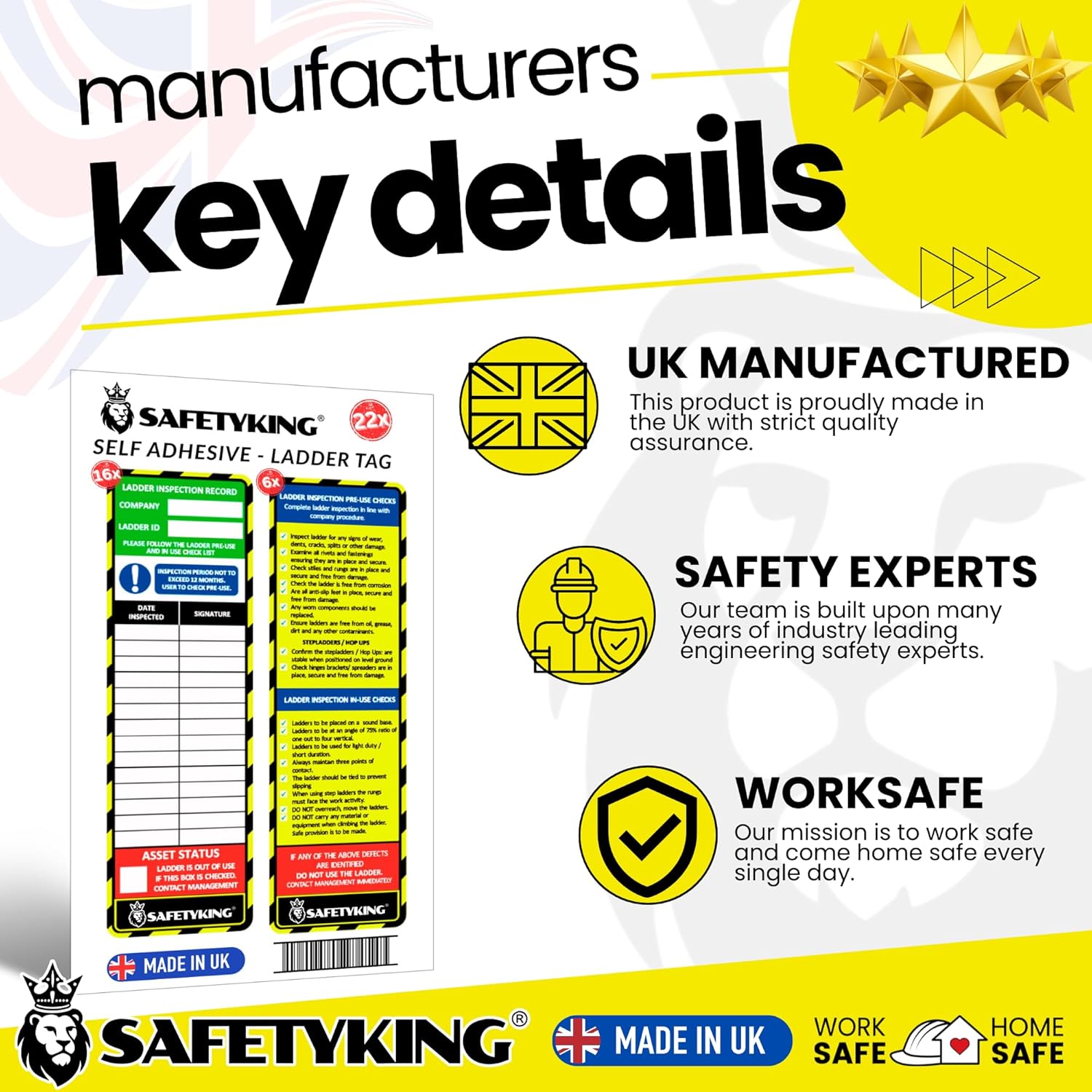 SAFETYKING® Ladder Tag Stickers. 22 Pack - 15cm x 5cm Self Adhesive Weatherproof Vinyl Labels for Safety & Maintenance Checks - Compatable With SAFETYKING Ladder Tag Holders - Made in the UK