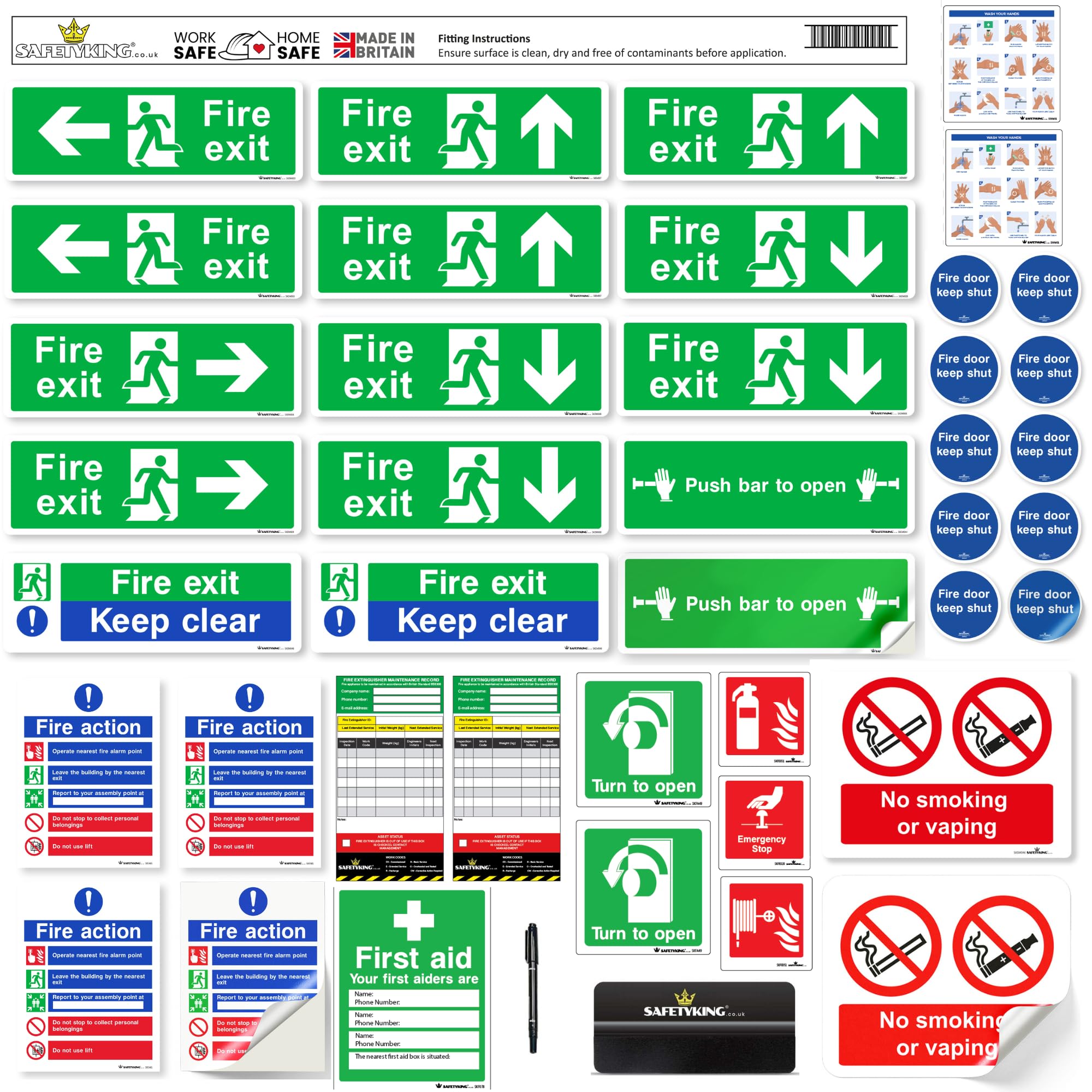 SAFETYKING® 33-Piece Fire Safety Signage Kit | Self-Adhesive Fire Exit Signs & Stickers | 30cm x 10cm | Keep Clear Sign