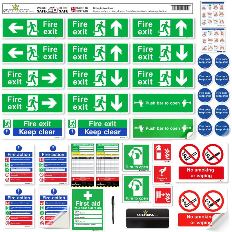 Load image into Gallery viewer, SAFETYKING® 33-Piece Fire Safety Signage Kit | Self-Adhesive Fire Exit Signs & Stickers | 30cm x 10cm | Keep Clear Sign