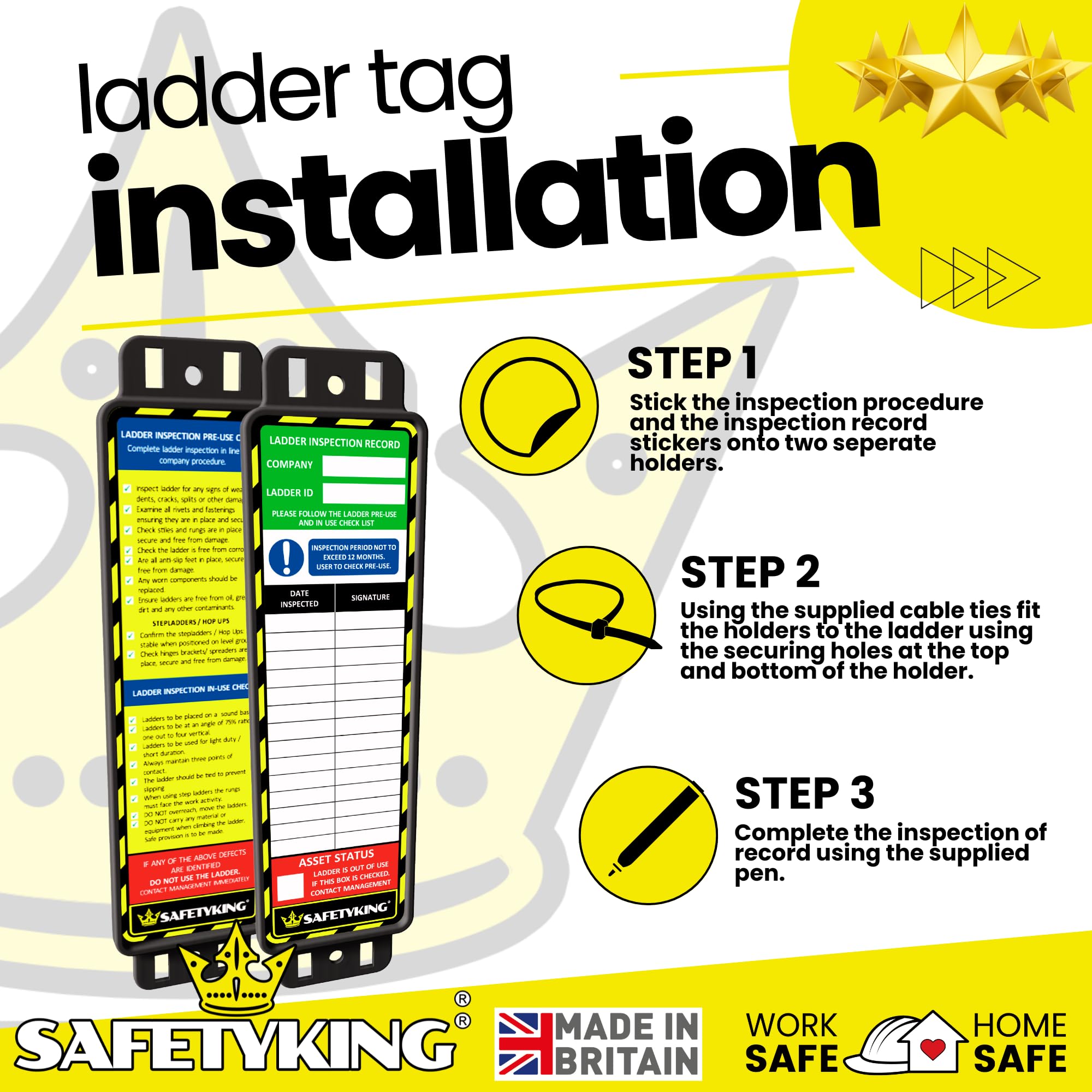 SAFETYKING® Ladder Tags, Ladder Inspection Tags, 10 Holders, 15 Inspcetion Insert Stickers, 20 Cable Ties, 1 Marker Pen, Ladder Tag kit with Cable Ties and Marker, Laddertag, Laddertags. (6)