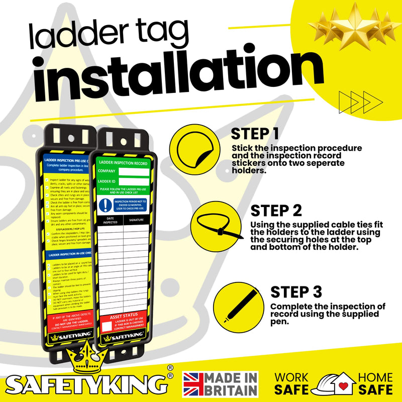 Load image into Gallery viewer, SAFETYKING® Ladder Tags, Ladder Inspection Tags, 10 Holders, 15 Inspcetion Insert Stickers, 20 Cable Ties, 1 Marker Pen, Ladder Tag kit with Cable Ties and Marker, Laddertag, Laddertags. (6)