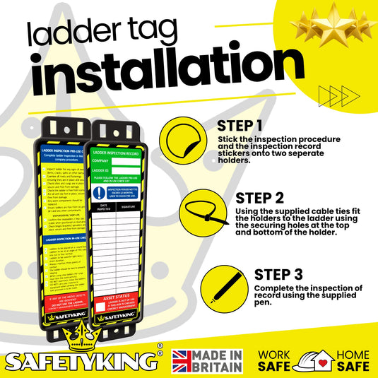 SAFETYKING® Ladder Tags, Ladder Inspection Tags, 10 Holders, 15 Inspcetion Insert Stickers, 20 Cable Ties, 1 Marker Pen, Ladder Tag kit with Cable Ties and Marker, Laddertag, Laddertags. (6)