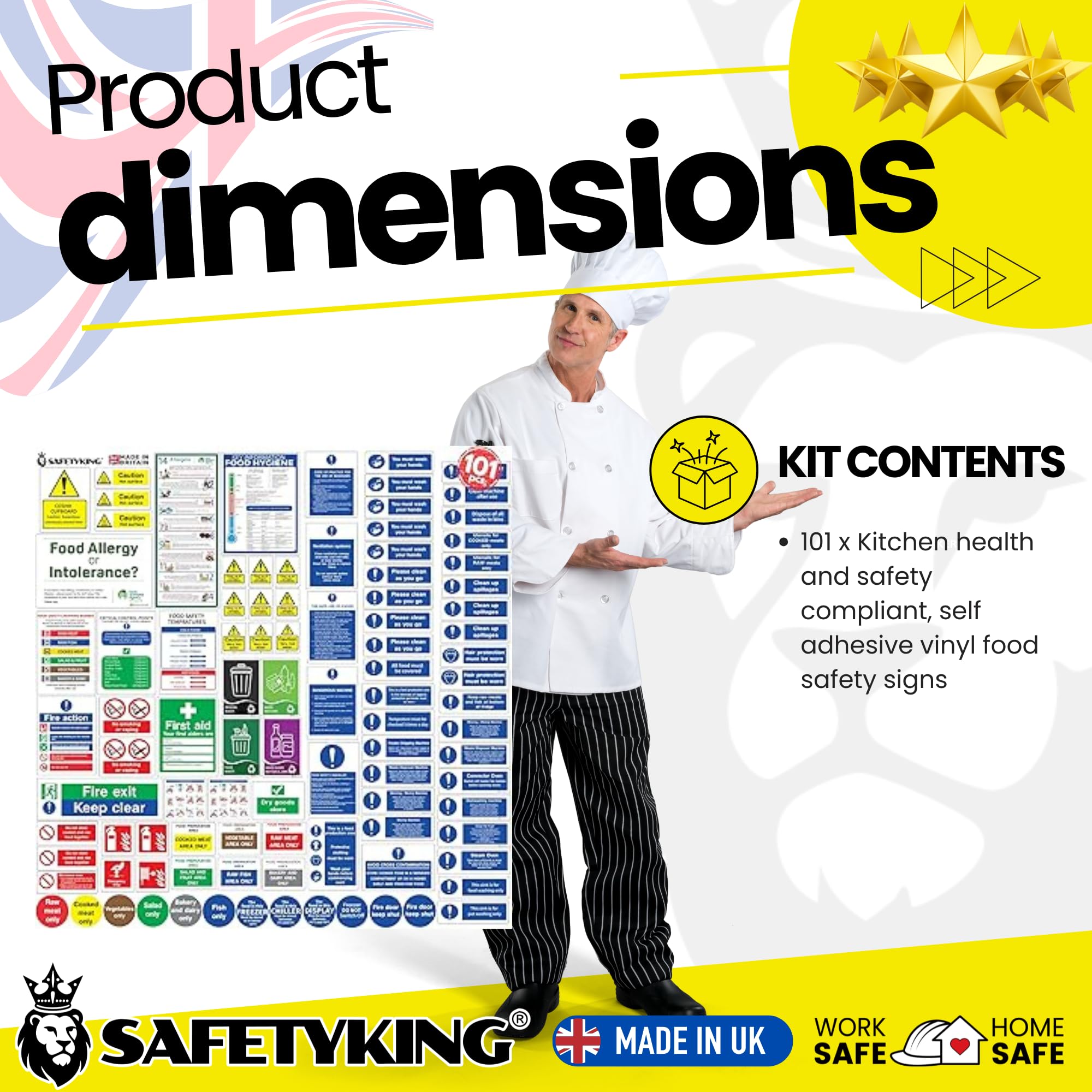 SAFETYKING 75pcs Kitchen Safety Signs & Food Hygiene Stickers, Food Safety Stickers - Self-Adhesive Vinyl Safety Labels for Kitchens, Made in the UK for Hygiene & Compliance