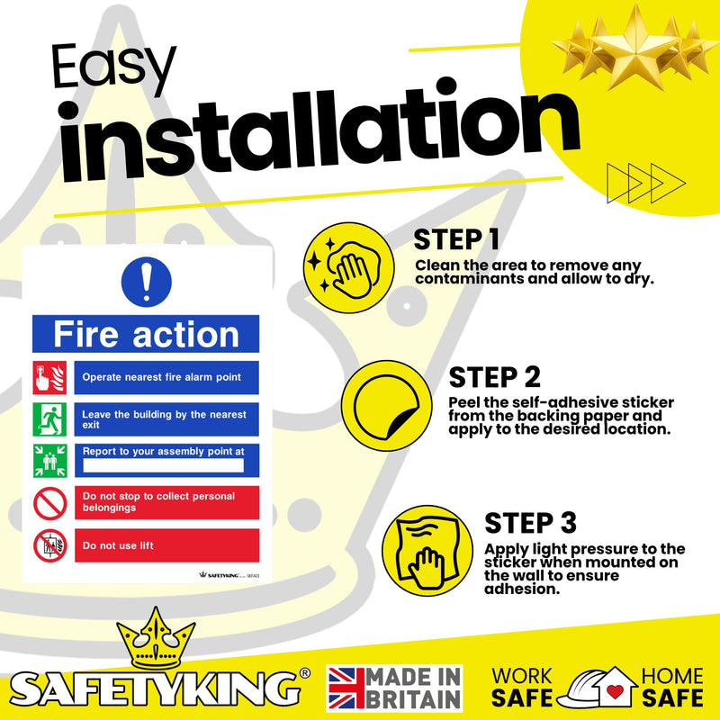 Load image into Gallery viewer, SAFETYKING® Fire Action Signs (6 Pack) 200mm x 150mm, Self Adhesive Vinyl Fire Action Notice Stickers, 20cm x 15cm, Safety Signage for Commercial and Public Spaces. BS-5499 Compliant, Made in UK.