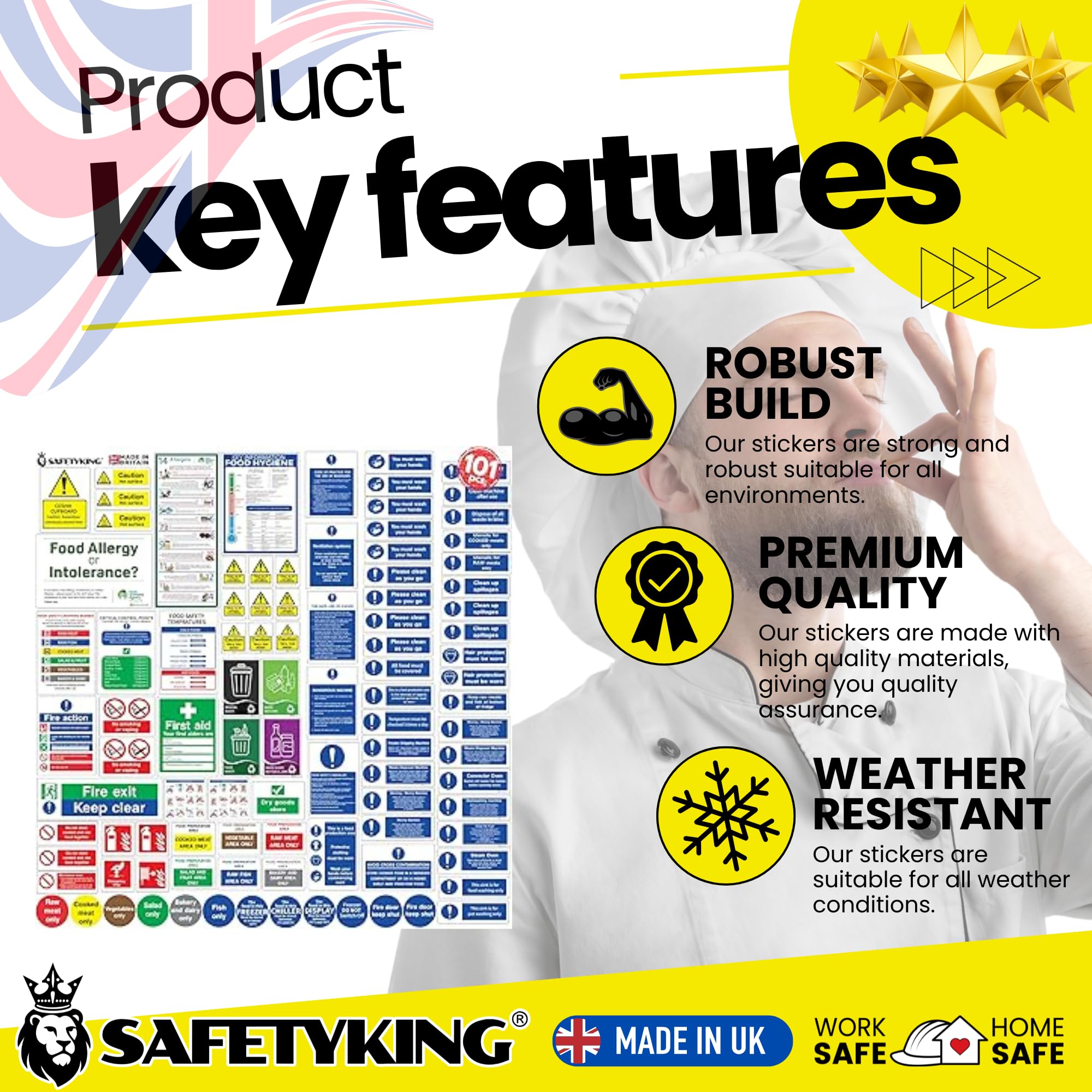 SAFETYKING 75pcs Kitchen Safety Signs & Food Hygiene Stickers, Food Safety Stickers - Self-Adhesive Vinyl Safety Labels for Kitchens, Made in the UK for Hygiene & Compliance