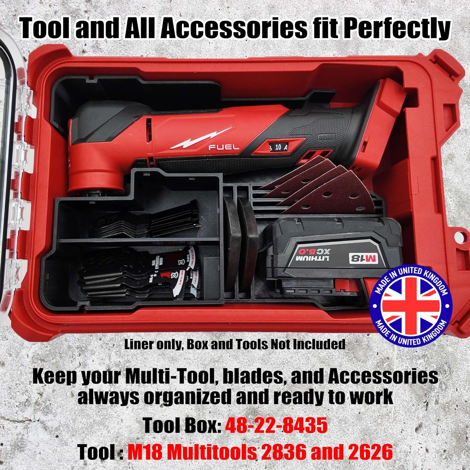 Milwaukee Packout Compatible Liner Organiser for Packout Compact Box (48-22-8435) – Precision Rigid Insert for M18 Multitool Organizer (Insert Only, Tools & Box Not Included)