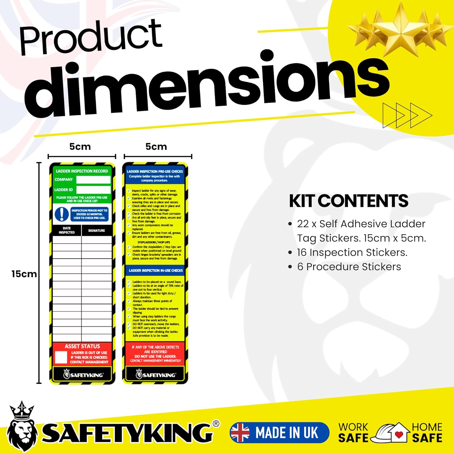 SAFETYKING® Ladder Tag Stickers. 22 Pack - 15cm x 5cm Self Adhesive Weatherproof Vinyl Labels for Safety & Maintenance Checks - Compatable With SAFETYKING Ladder Tag Holders - Made in the UK