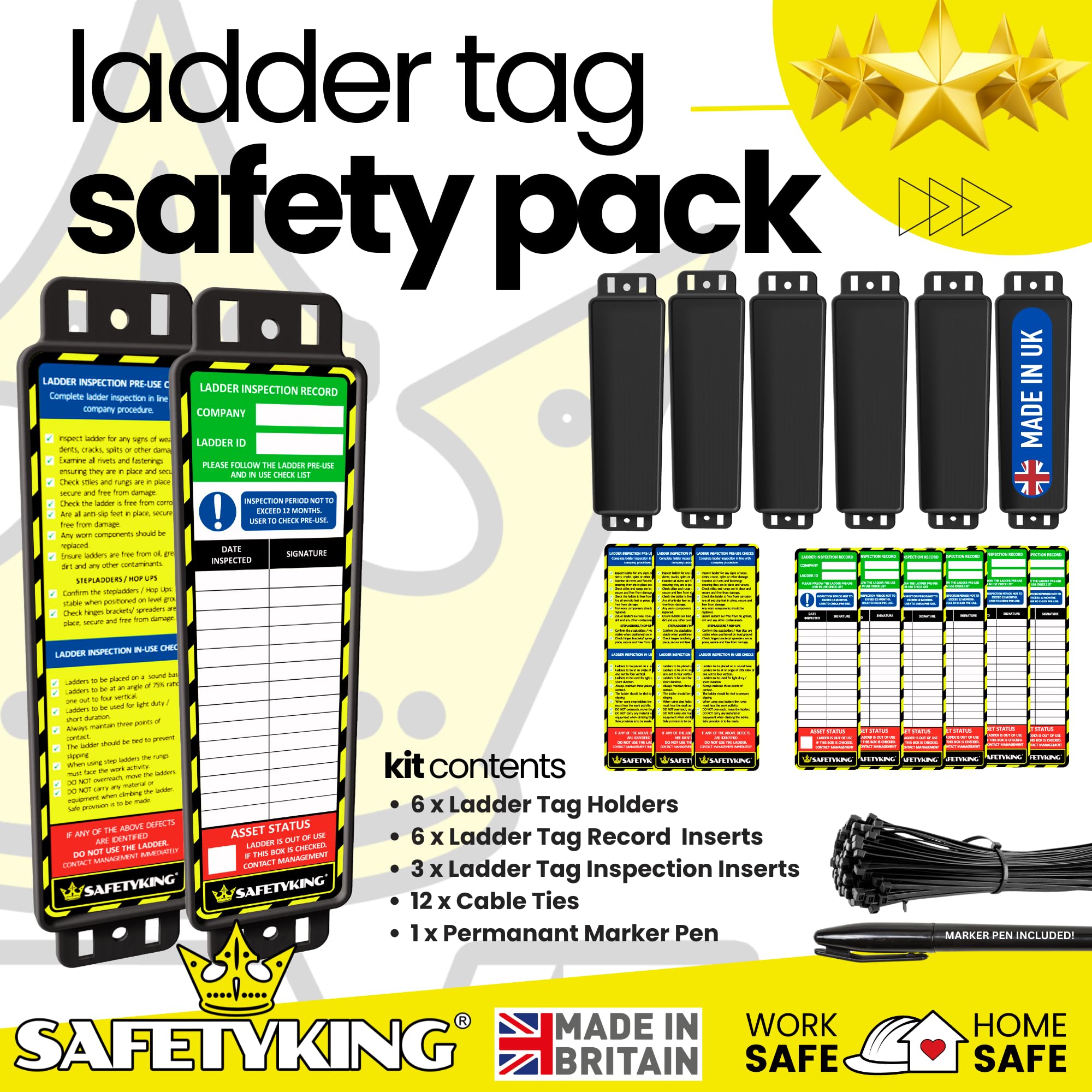 SAFETYKING® Ladder Tags, Ladder Inspection Tags, 10 Holders, 15 Inspcetion Insert Stickers, 20 Cable Ties, 1 Marker Pen, Ladder Tag kit with Cable Ties and Marker, Laddertag, Laddertags. (6)