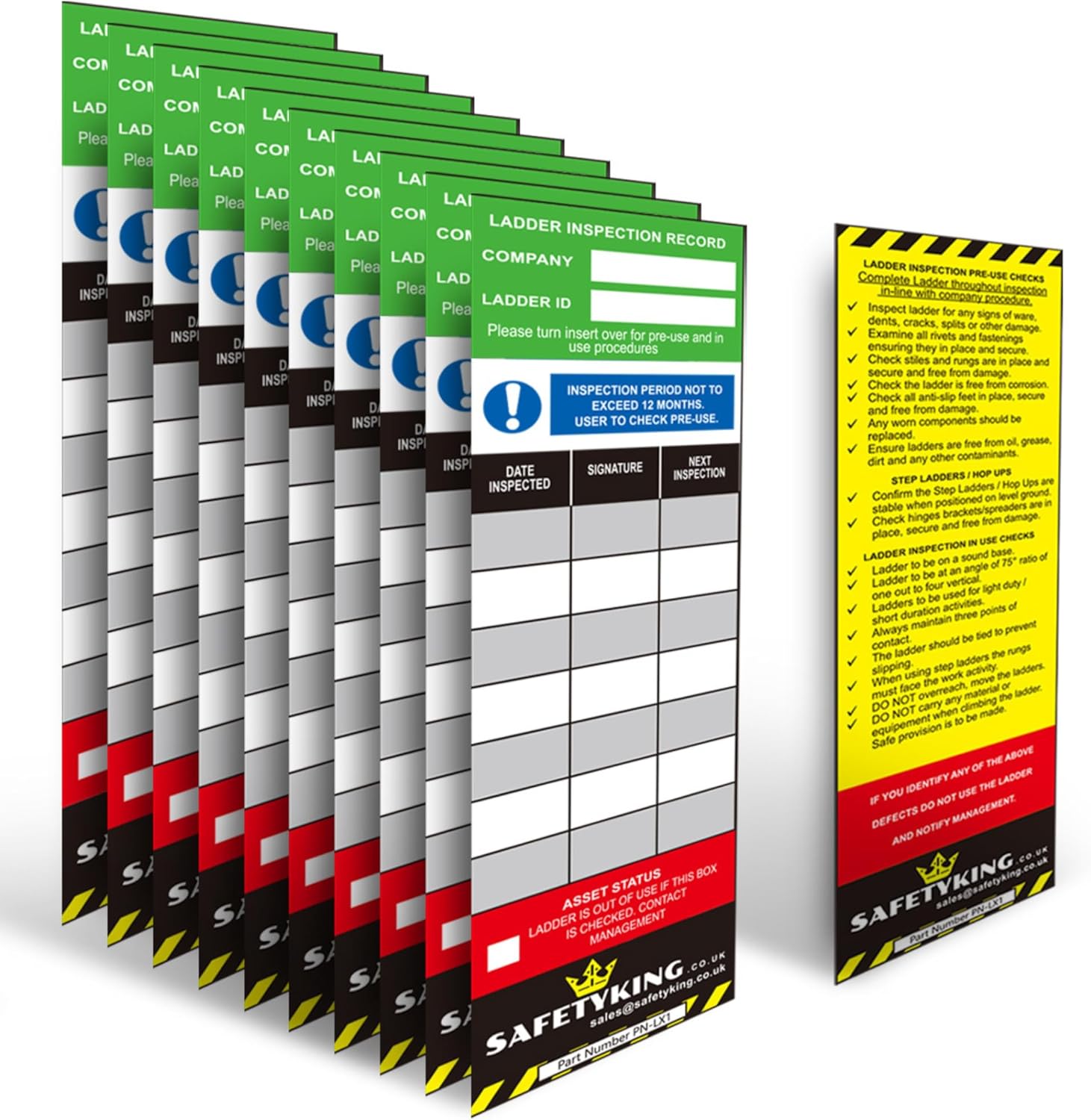 SAFETYKING® Ladder Tags 10 Inserts – Safety Ladder Inspection Tags with Cable Ties- Complete Tools kit with Marker & Label - Durable - Suitable for Indoor & Outdoor Use