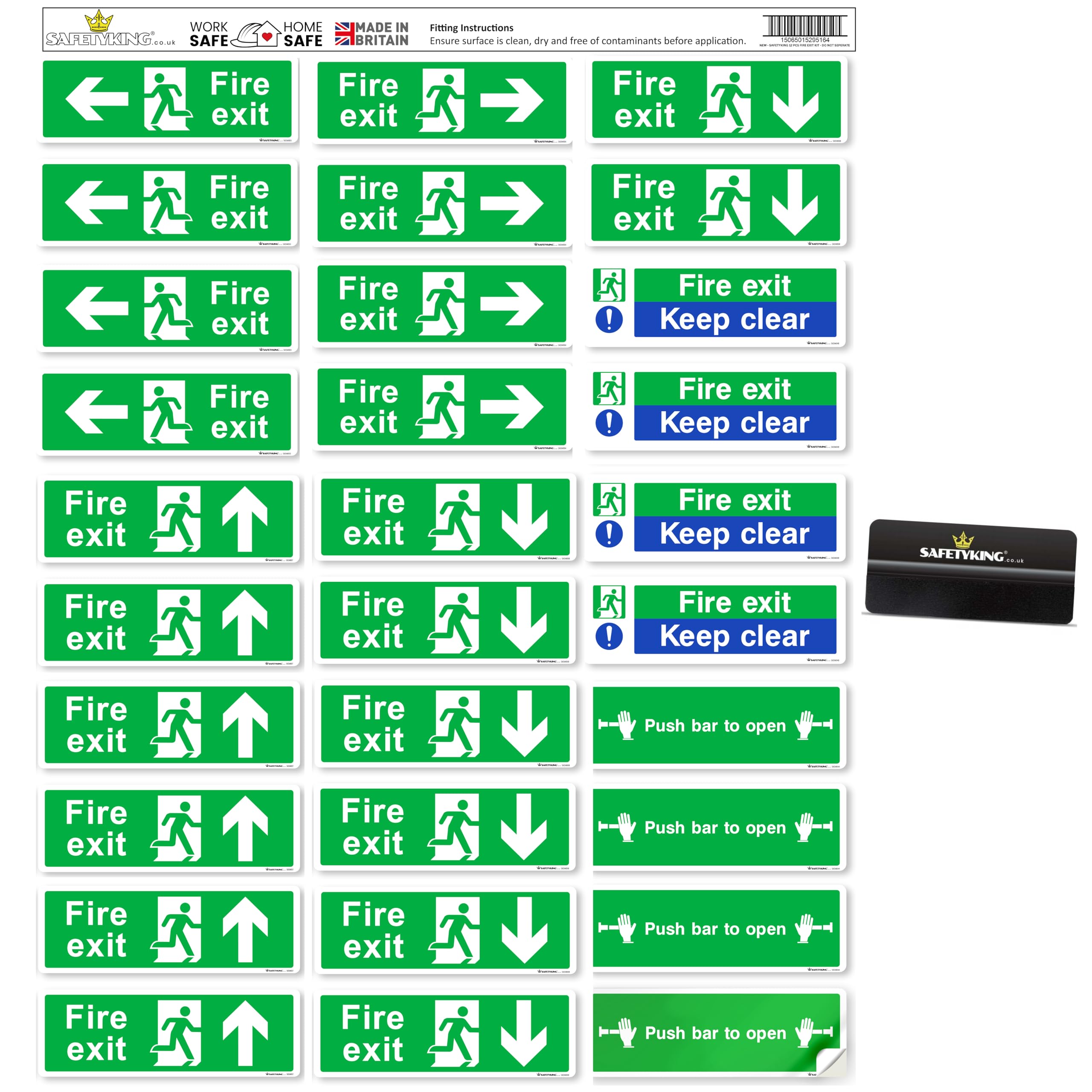 SAFETYKING® 32 Piece Fire Exit Signage kit 30cm x 10cm | Self Adhesive Stickers | Fire Exit Signs | Fire Exit Stickers | Fire Exit Safety Pack | Fire Exit Keep Clear sign | Running Man Fire Exit Signs