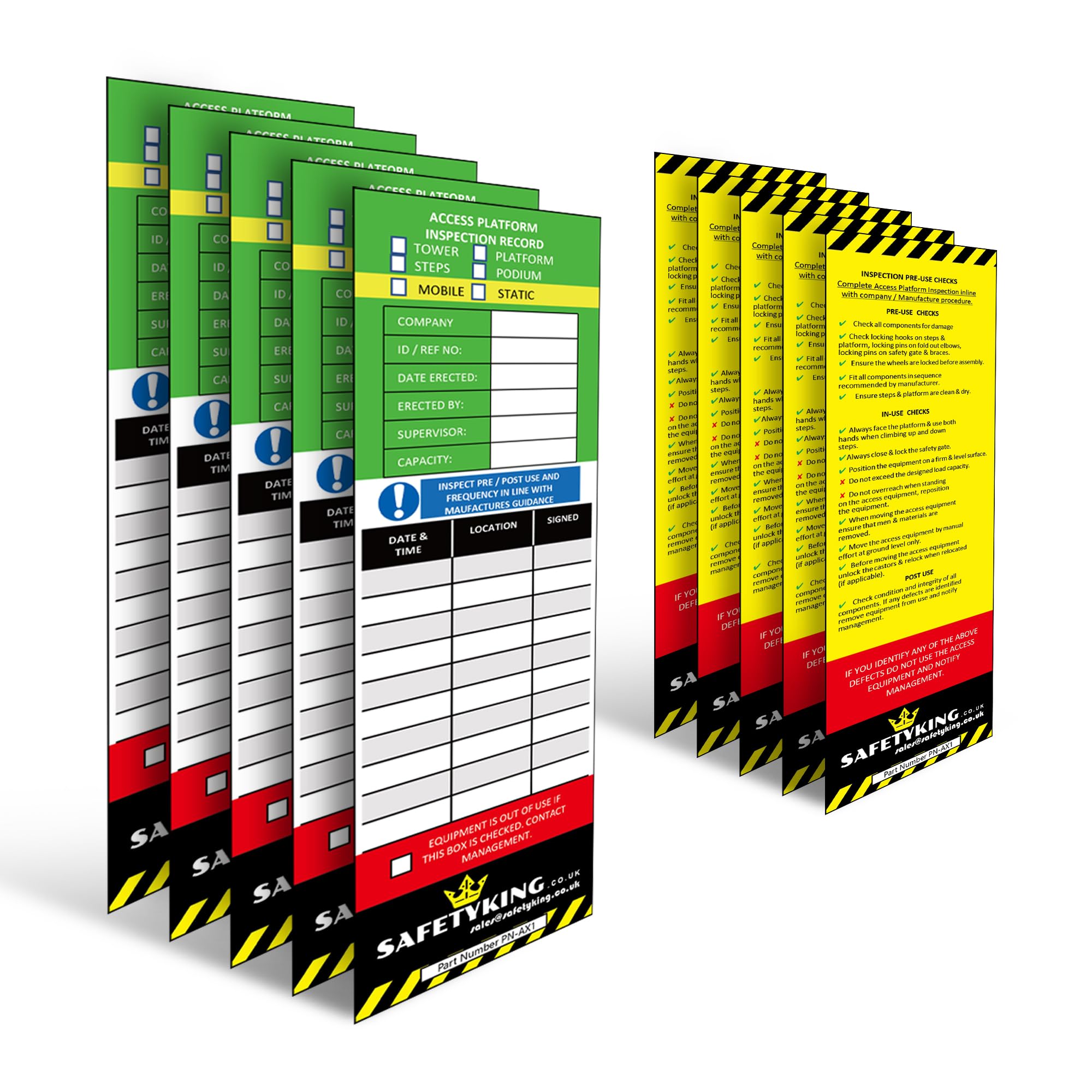 Safety King 10 Access Equipment Tag Inserts - High Visibility Access Equipment Inspection Tag Inserts