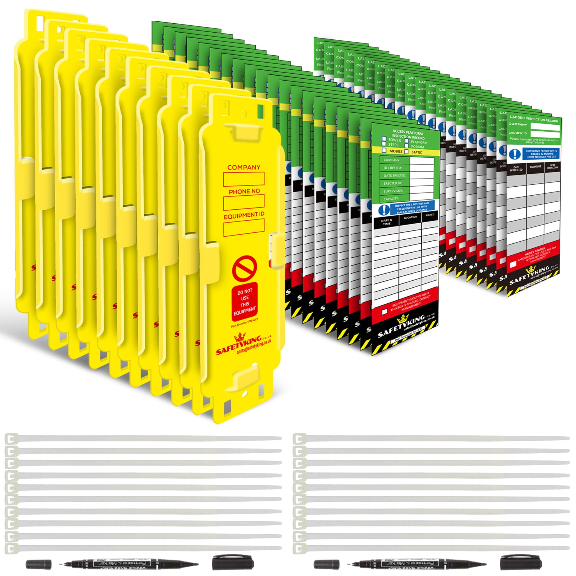 SAFETYKING® | Access Platform Inspection Tag Kit - 10 Holders | 40 Inserts | Robust Access Equipment Tag
