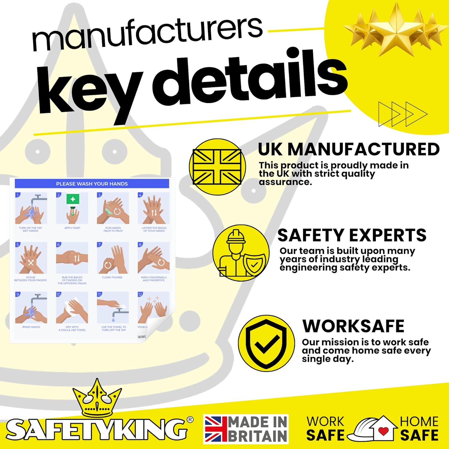 SAFETYKING® 2 PCS Wash Hands Sticker - Hand Washing Technique Sign | Wash Hands with soap and Water | Toilet and Washroom Hygiene Safety Signs | Self-Adhesive Vinyl Wash Hands