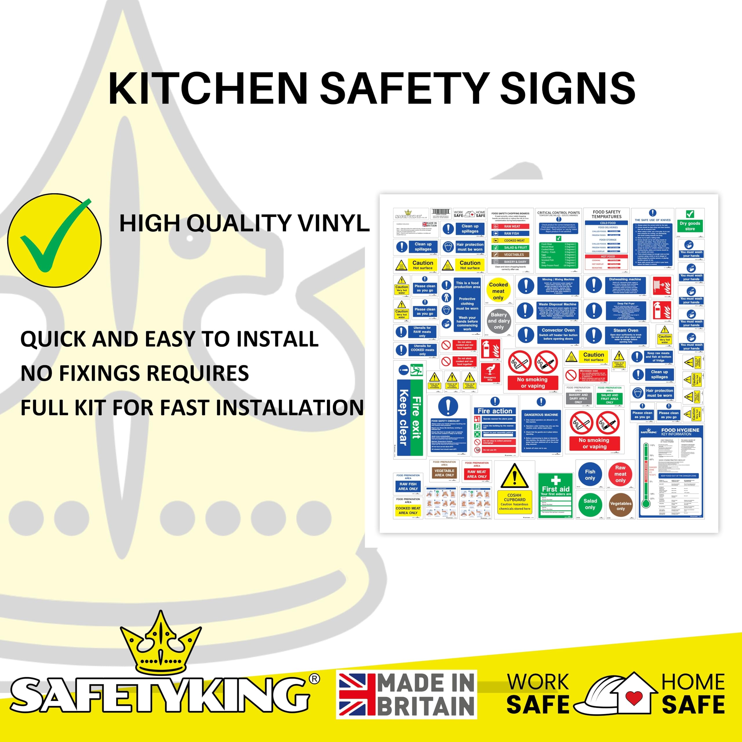 SAFETYKING 75pcs Kitchen Safety Signs & Food Hygiene Stickers, Food Safety Stickers - Self-Adhesive Vinyl Safety Labels for Kitchens, Made in the UK for Hygiene & Compliance