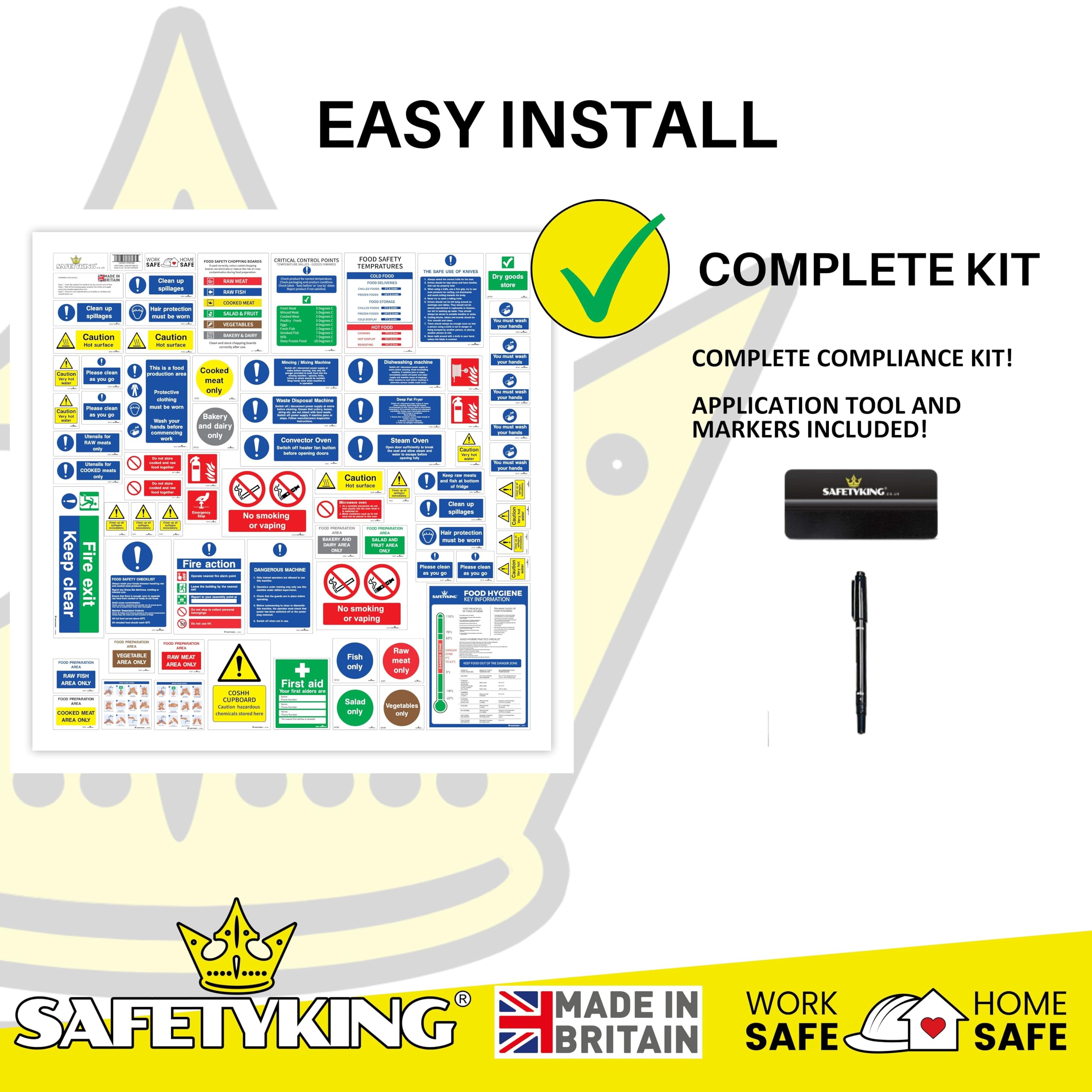 SAFETYKING 75pcs Kitchen Safety Signs & Food Hygiene Stickers, Food Safety Stickers - Self-Adhesive Vinyl Safety Labels for Kitchens, Made in the UK for Hygiene & Compliance