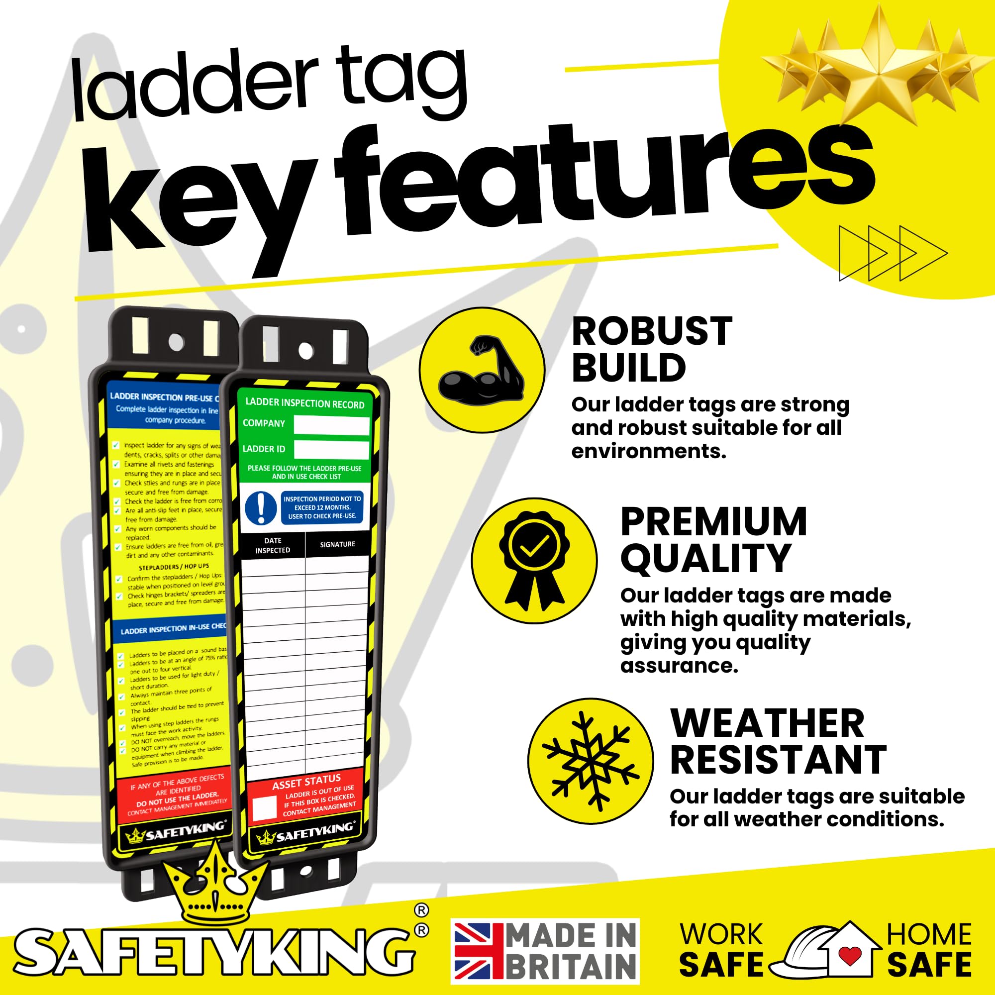 SAFETYKING® Ladder Tags, Ladder Inspection Tags, 10 Holders, 15 Inspcetion Insert Stickers, 20 Cable Ties, 1 Marker Pen, Ladder Tag kit with Cable Ties and Marker, Laddertag, Laddertags. (6)