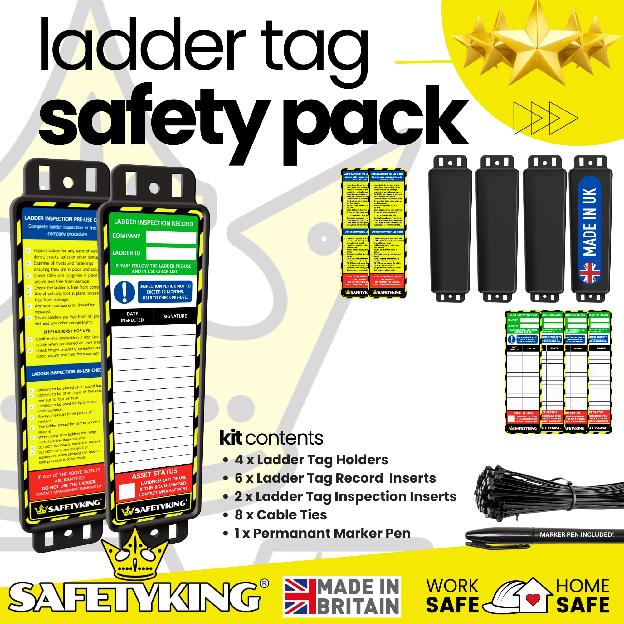 SAFETYKING® Ladder Tags, Ladder Inspection Tags, 10 Holders, 15 Inspcetion Insert Stickers, 20 Cable Ties, 1 Marker Pen, Ladder Tag kit with Cable Ties and Marker, Laddertag, Laddertags. (4)