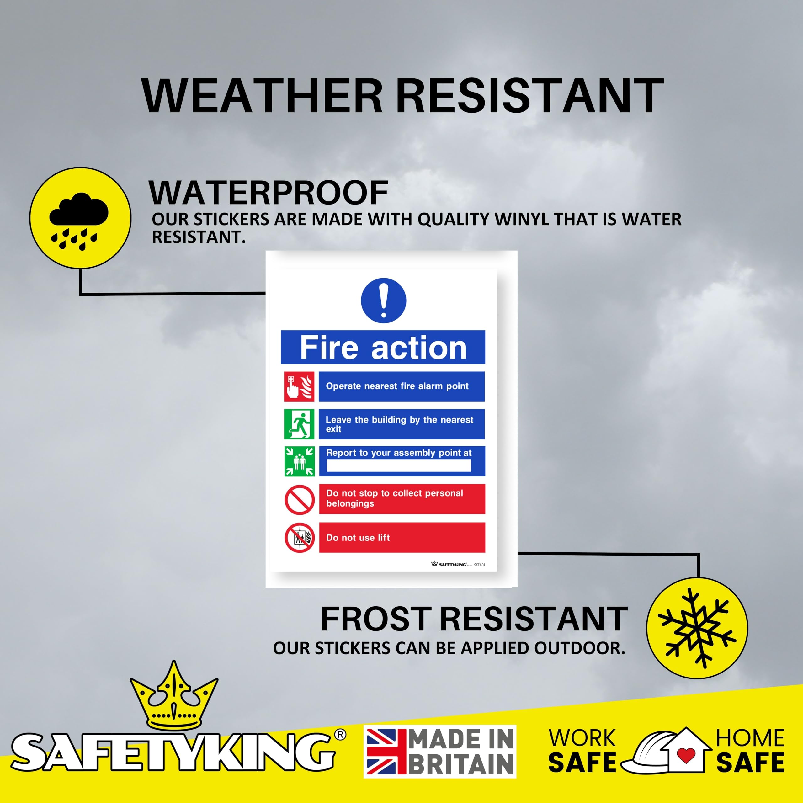 SAFETYKING® FIRE ACTION STICKER KIT - 4 Piece Set with Squeegee and Marker Pen | Fire Action Notice | Fire Action Sign | Fire Action Stickers | Fire Stickers
