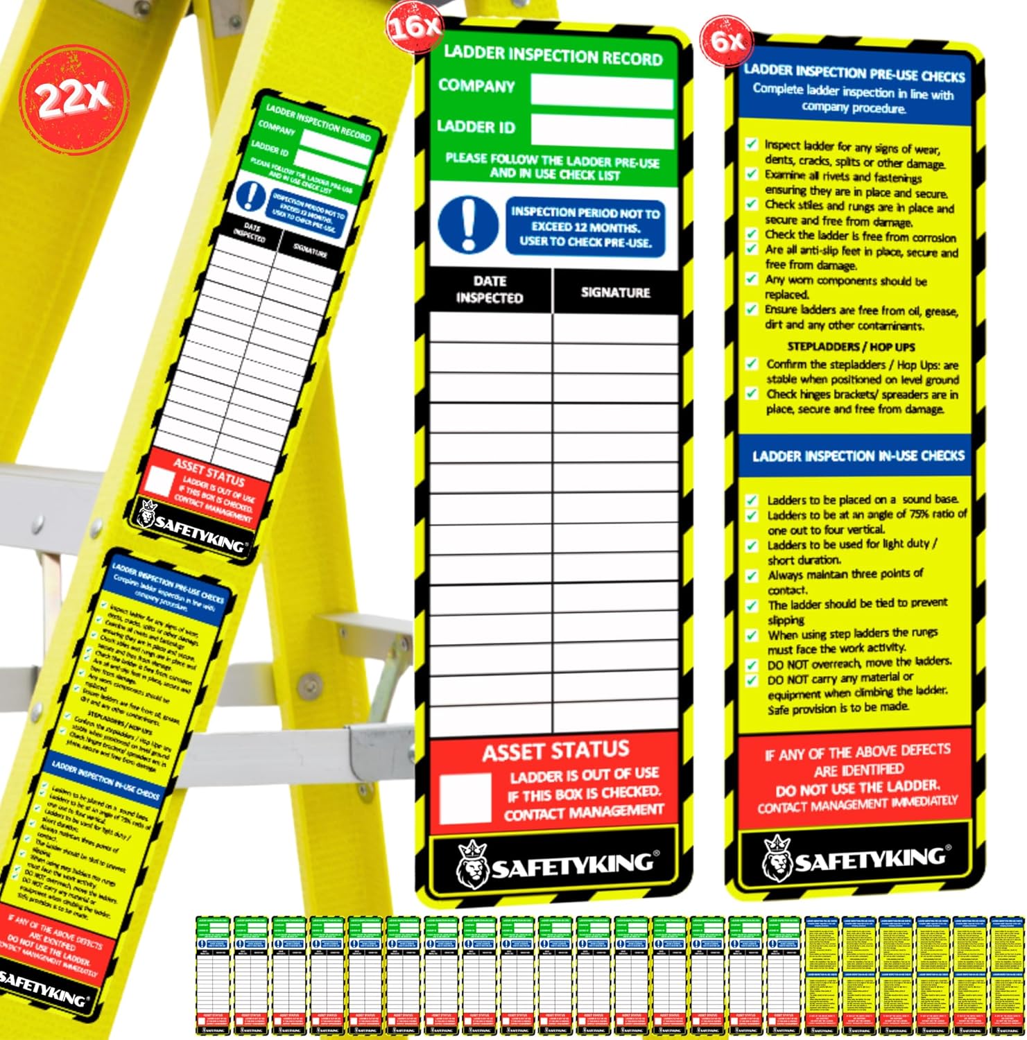 SAFETYKING® Ladder Tag Stickers. 22 Pack - 15cm x 5cm Self Adhesive Weatherproof Vinyl Labels for Safety & Maintenance Checks - Compatable With SAFETYKING Ladder Tag Holders - Made in the UK