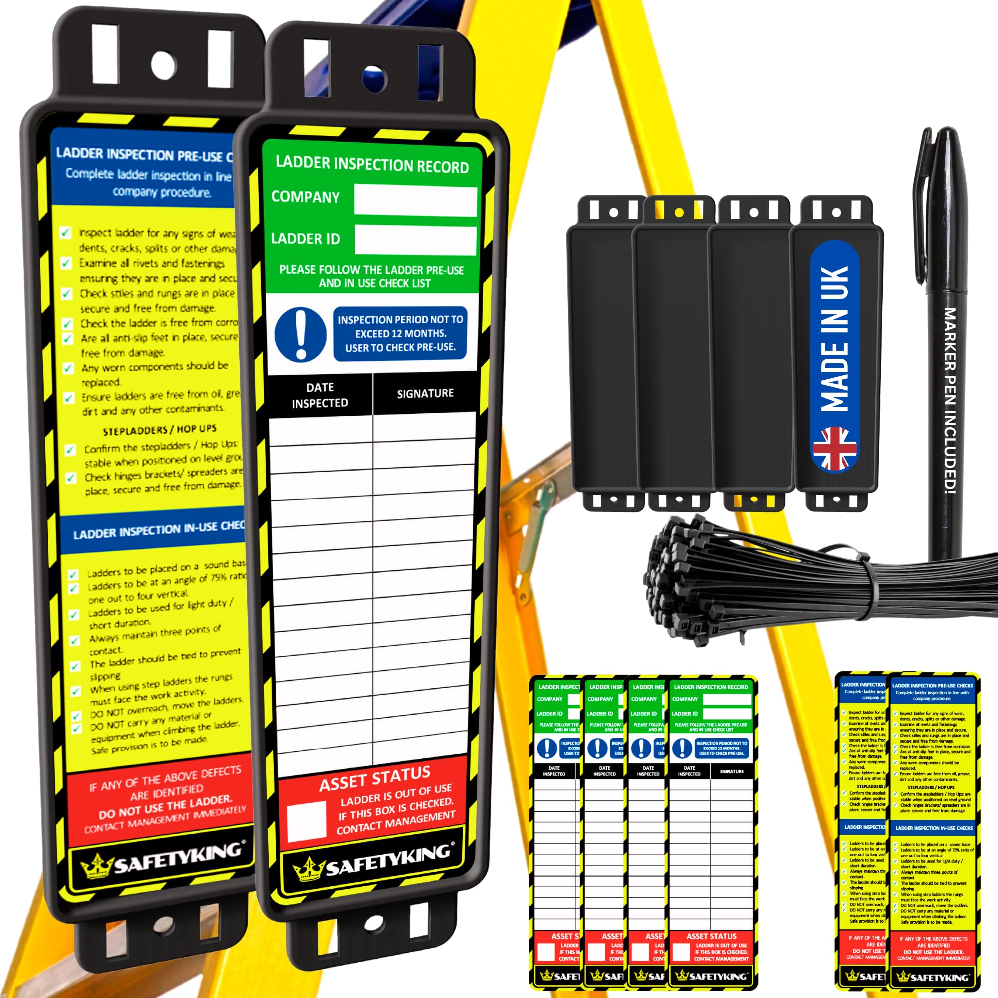 SAFETYKING® Ladder Tags, Ladder Inspection Tags, 10 Holders, 15 Inspcetion Insert Stickers, 20 Cable Ties, 1 Marker Pen, Ladder Tag kit with Cable Ties and Marker, Laddertag, Laddertags. (4)