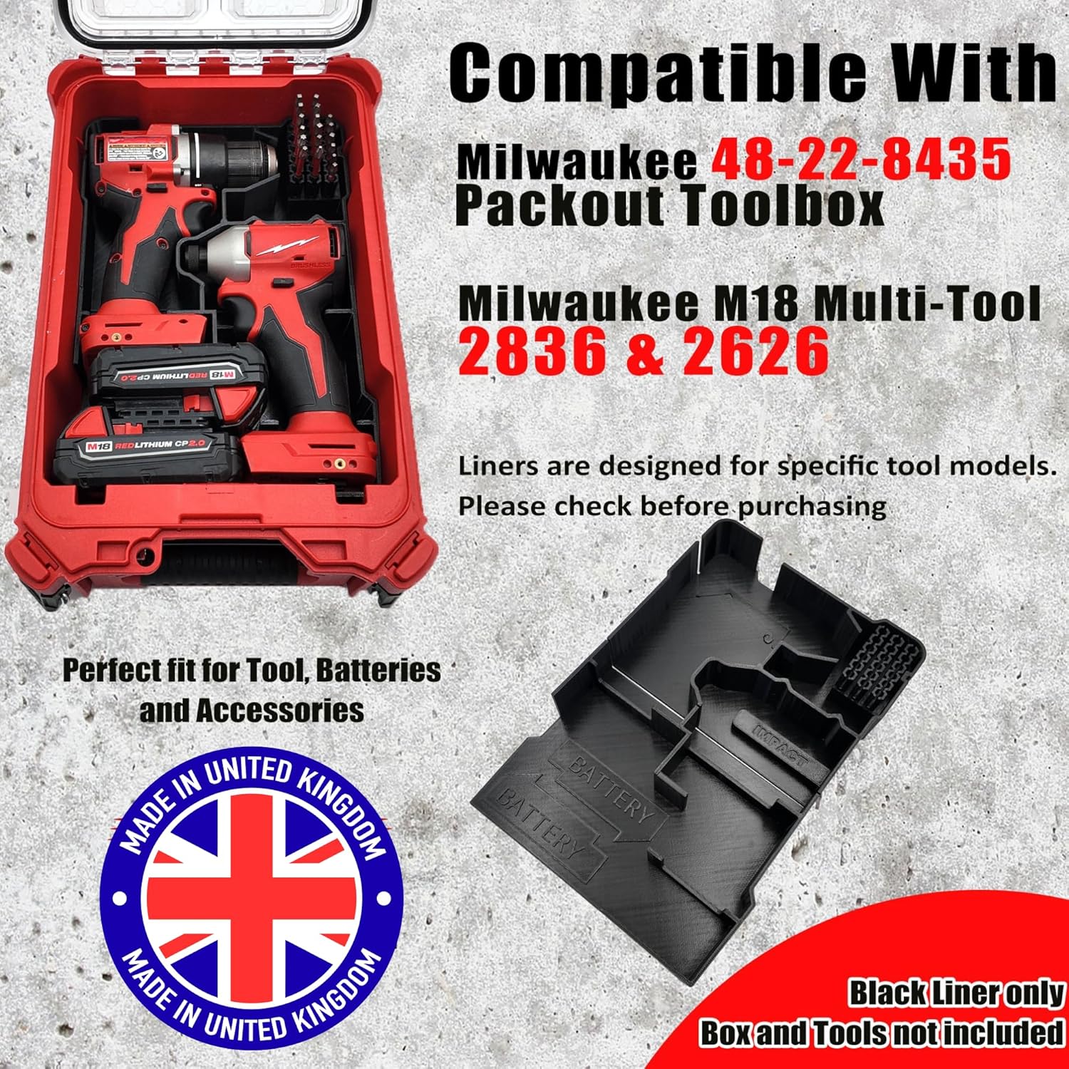 Milwaukee Packout Compatible Liner Organiser for Packout Compact Box (48-22-8435) – Precision Rigid Insert for M18 Drill Driver Organizer (Insert Only, Tools & Box Not Included)