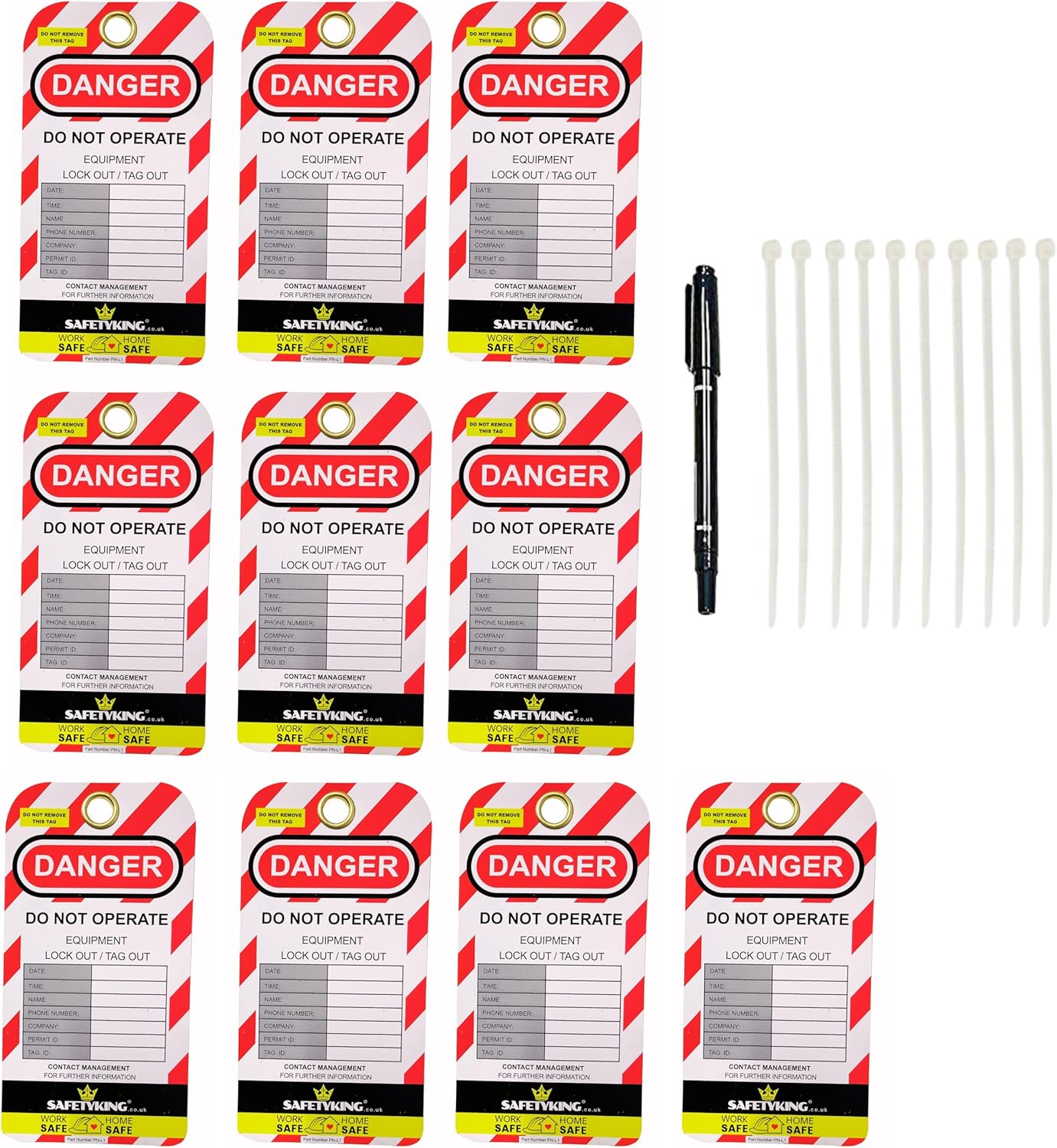 SAFETYKING® Lockout Tagout Tags 10 Tags with Pen and Cable Ties| Robus