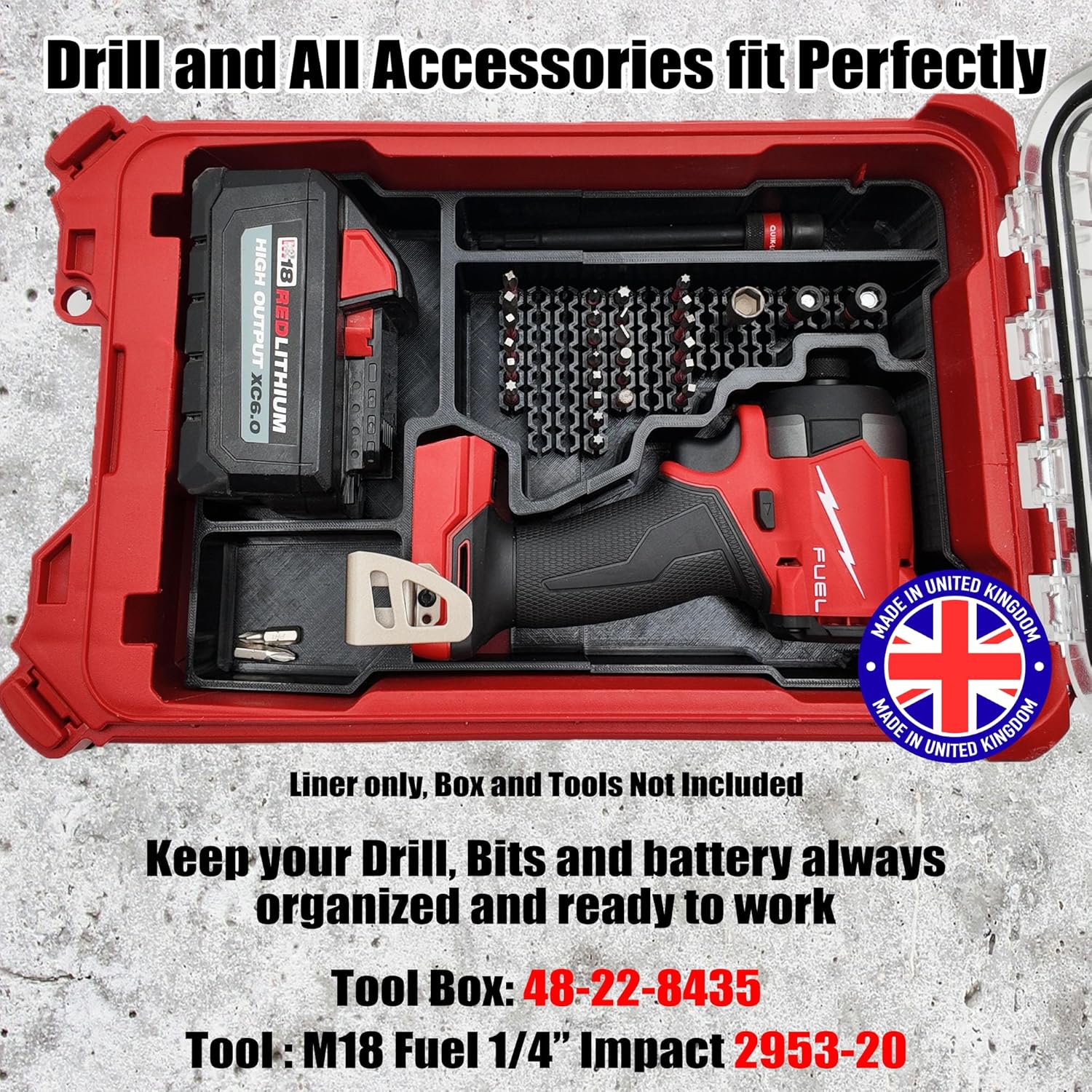Milwaukee Packout Compatible Liner Organiser for Packout Compact Box (48-22-8435) – Precision Rigid Insert for M18 Fuel 1/4 Hex Impact Driver Organizer (Insert Only, Tools & Box Not Included)
