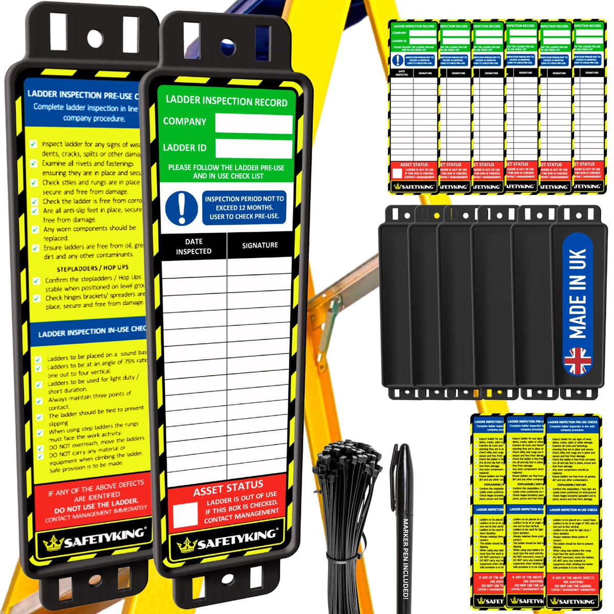 SAFETYKING® Ladder Tags, Ladder Inspection Tags, 10 Holders, 15 Inspcetion Insert Stickers, 20 Cable Ties, 1 Marker Pen, Ladder Tag kit with Cable Ties and Marker, Laddertag, Laddertags.