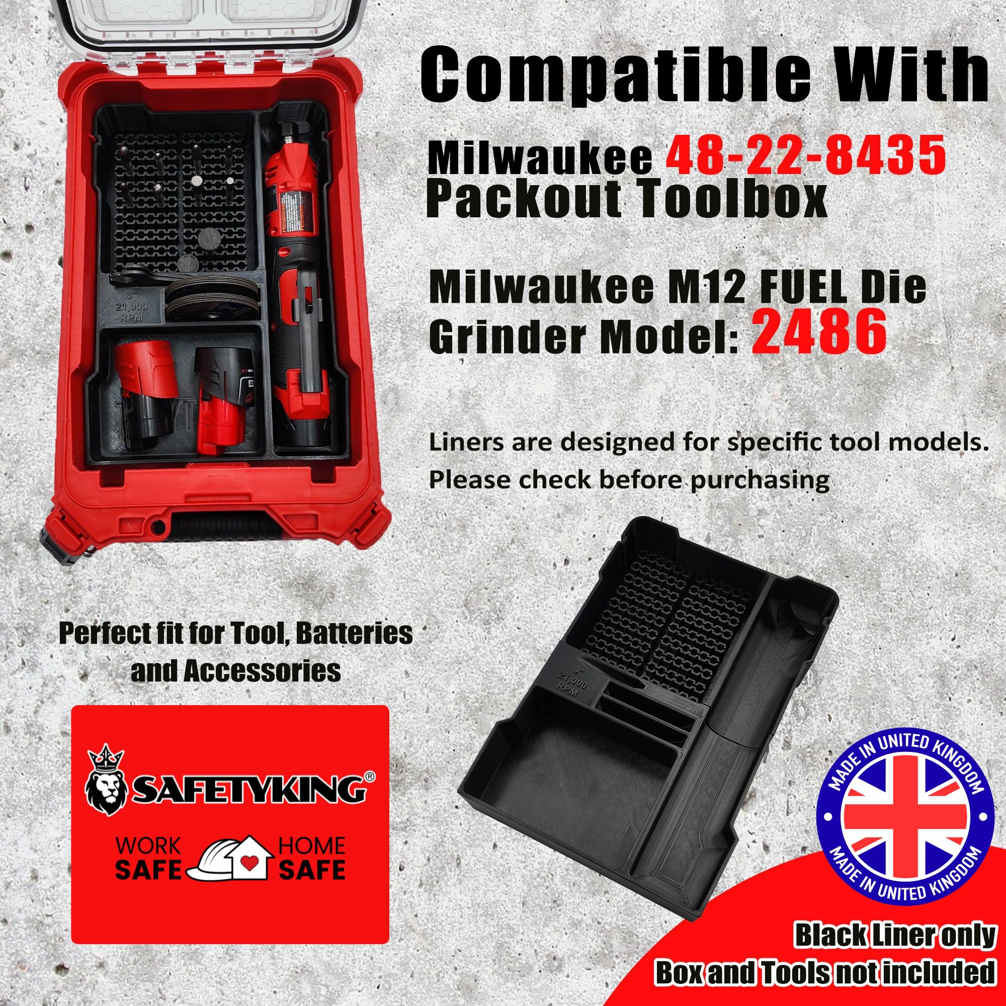 SAFETYKING® M12 Fuel Die Grinder for Milwaukee Compact Packout Compatible With Milwaukee Packout Compact Box (48-22-8435) Precision Rigid Insert for Organizer (Insert Only, Tools & Box Not Included)